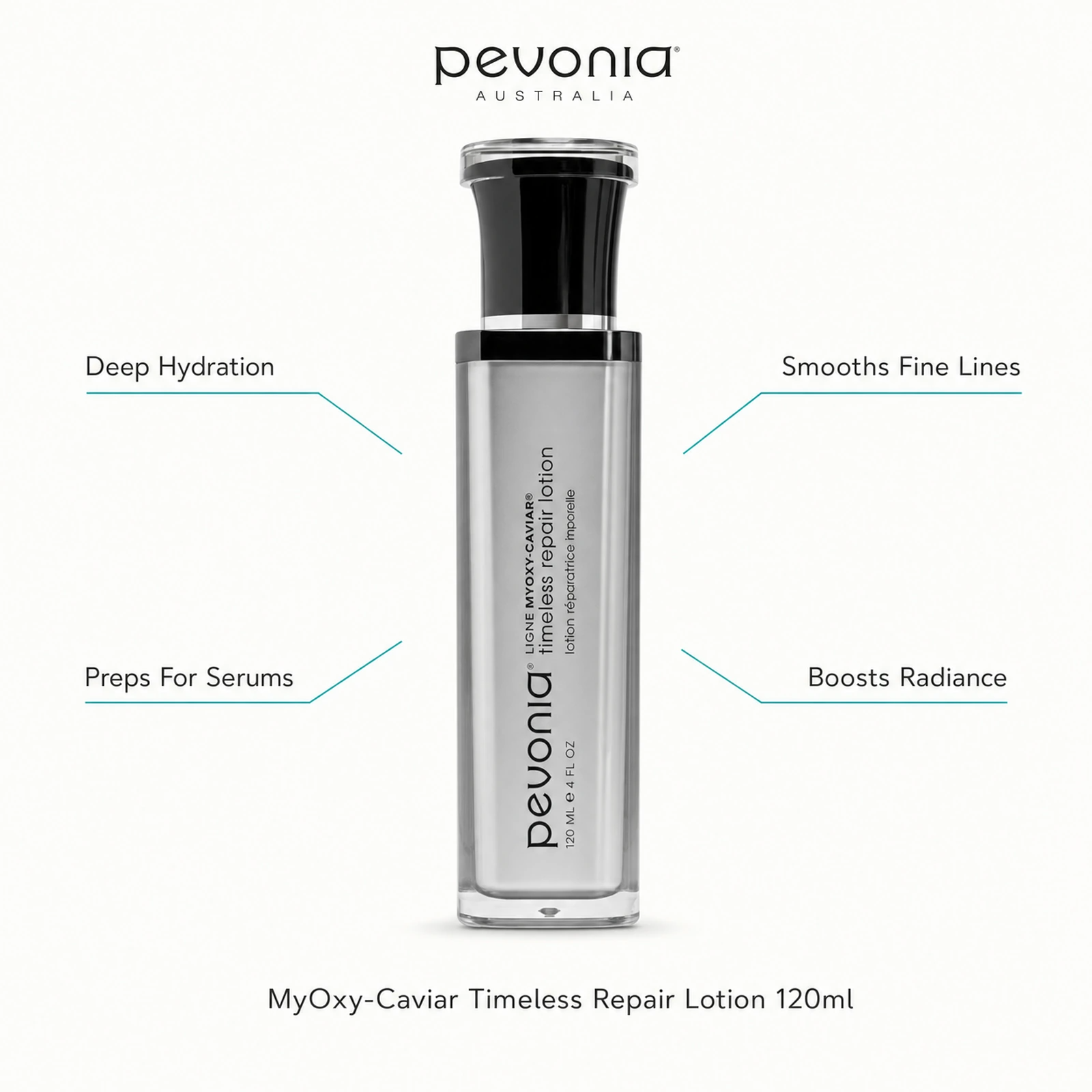 Pevonia MyOxy-Caviar Timeless Repair Lotion 120ml with benefits for deep hydration, serum preparation, fine line smoothing and radiance