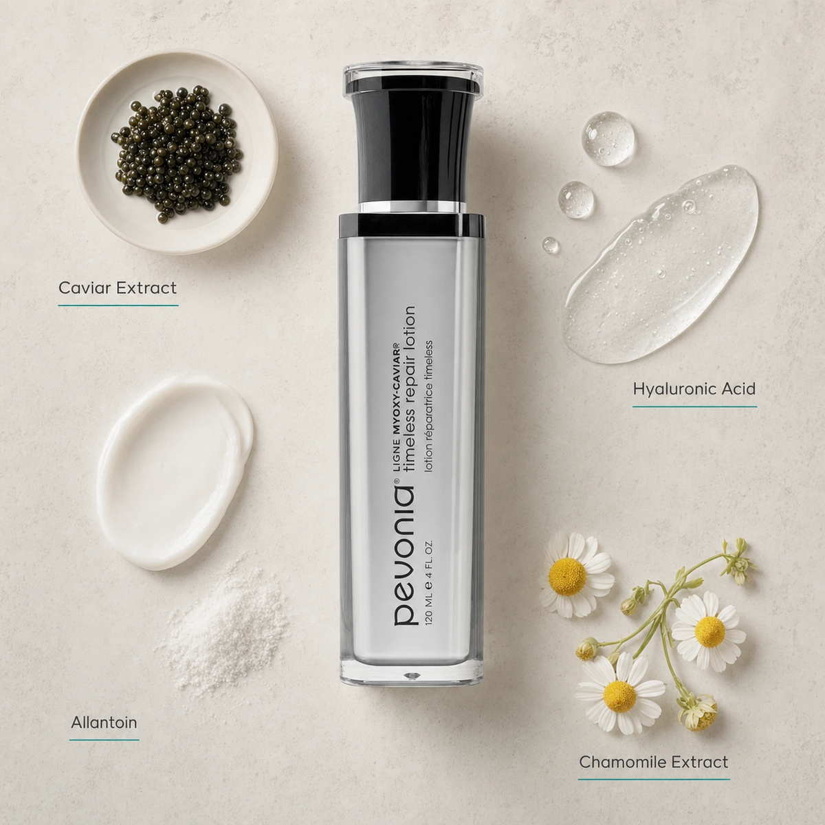 Pevonia MyOxy-Caviar Timeless Repair Lotion 120ml ingredient flatlay with Caviar Extract, Hyaluronic Acid, Allantoin and Chamomile Extract