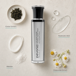 Pevonia MyOxy-Caviar Timeless Repair Lotion 120ml ingredient flatlay with Caviar Extract, Hyaluronic Acid, Allantoin and Chamomile Extract