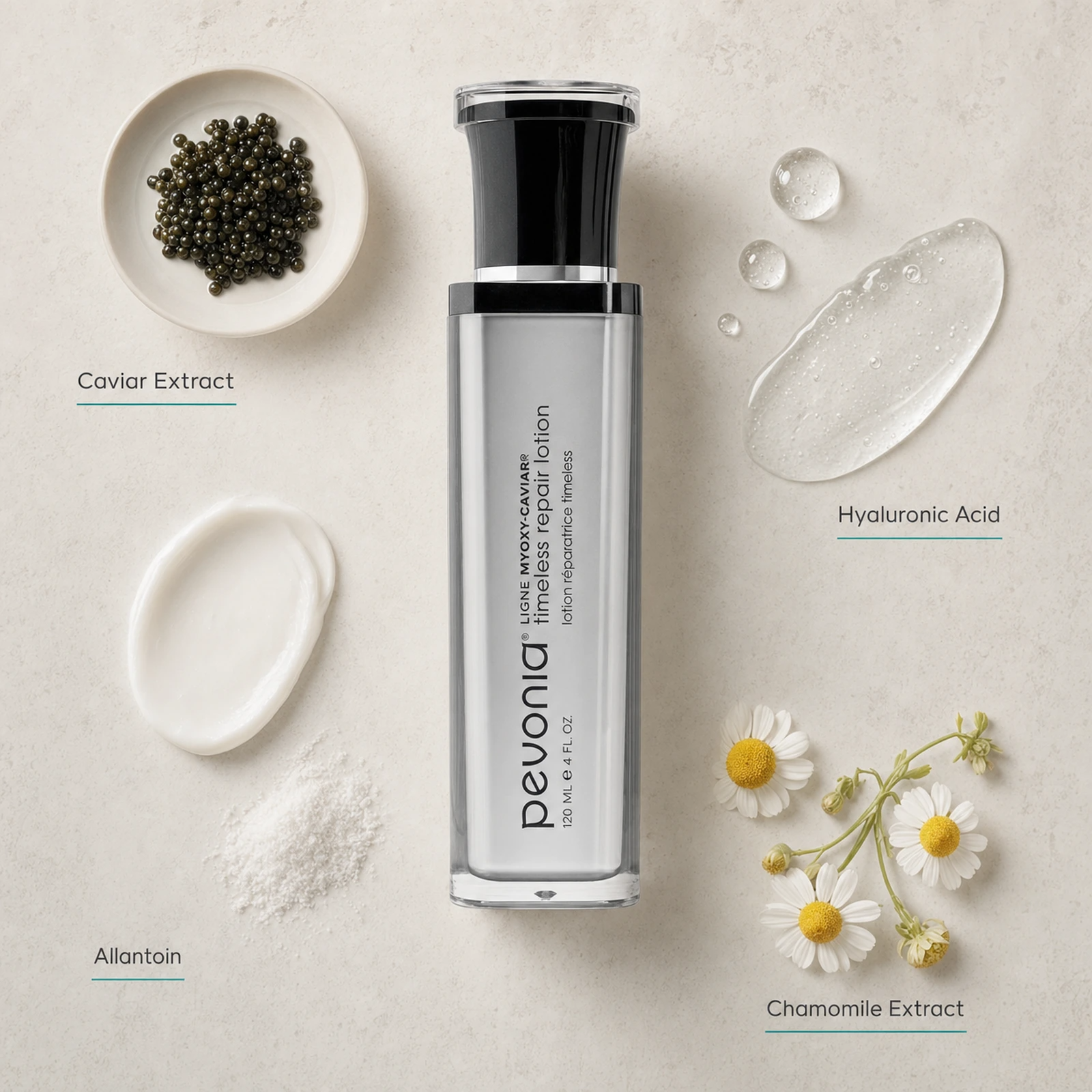 Pevonia MyOxy-Caviar Timeless Repair Lotion 120ml ingredient flatlay with Caviar Extract, Hyaluronic Acid, Allantoin and Chamomile Extract