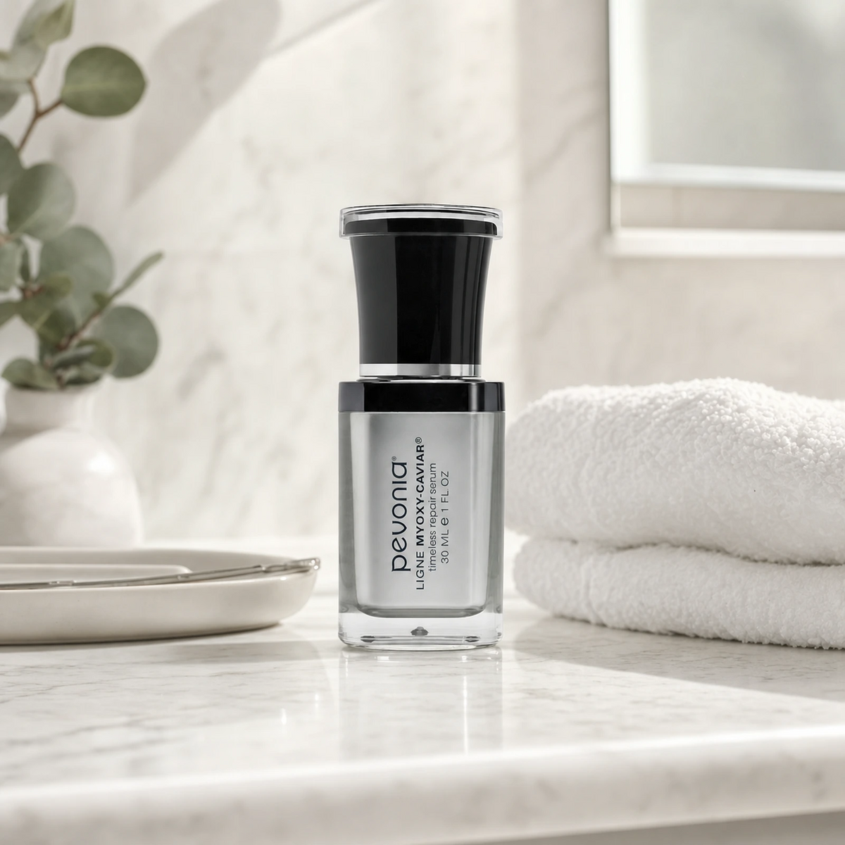 Pevonia MyOxy-Caviar Timeless Repair Serum 30ml on a luxury bathroom vanity for mature, dry and ageing skin
