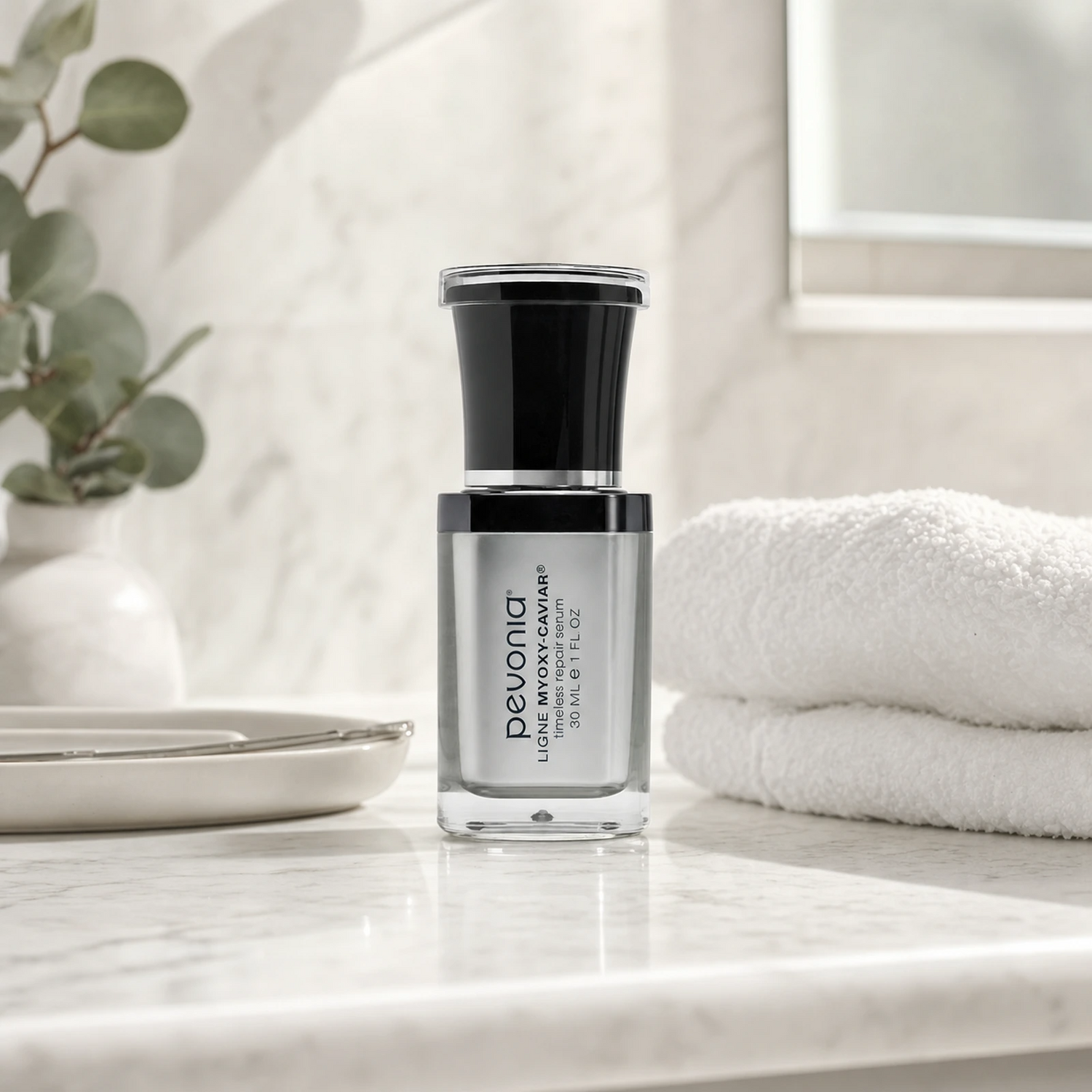 Pevonia MyOxy-Caviar Timeless Repair Serum 30ml on a luxury bathroom vanity for mature, dry and ageing skin