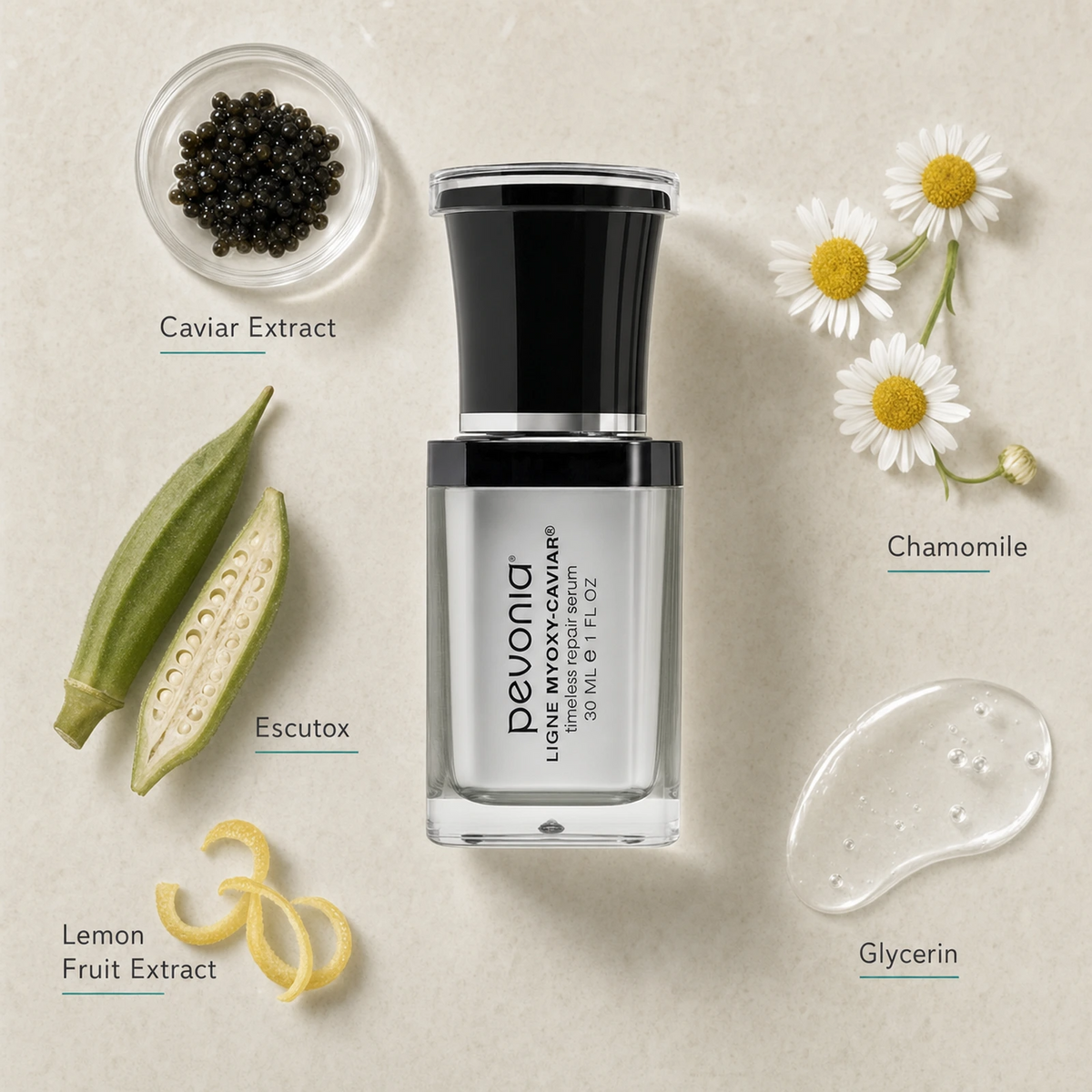 Pevonia MyOxy-Caviar Timeless Repair Serum 30ml ingredient flatlay with Caviar Extract, Escutox, Lemon Fruit Extract, Chamomile and Glycerin