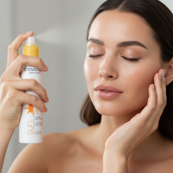 Woman spraying Phyto Aromatic Mist hydrating face mist to her face with a neutral background 