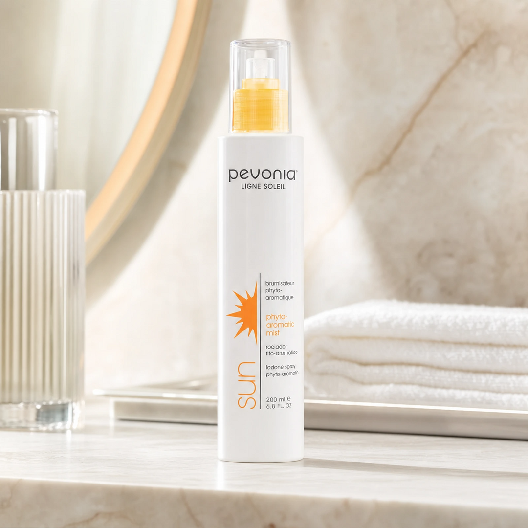Pevonia Phyto-Aromatic Mist 200ml on a luxury bathroom vanity for hydration, cooling relief and refreshed skin