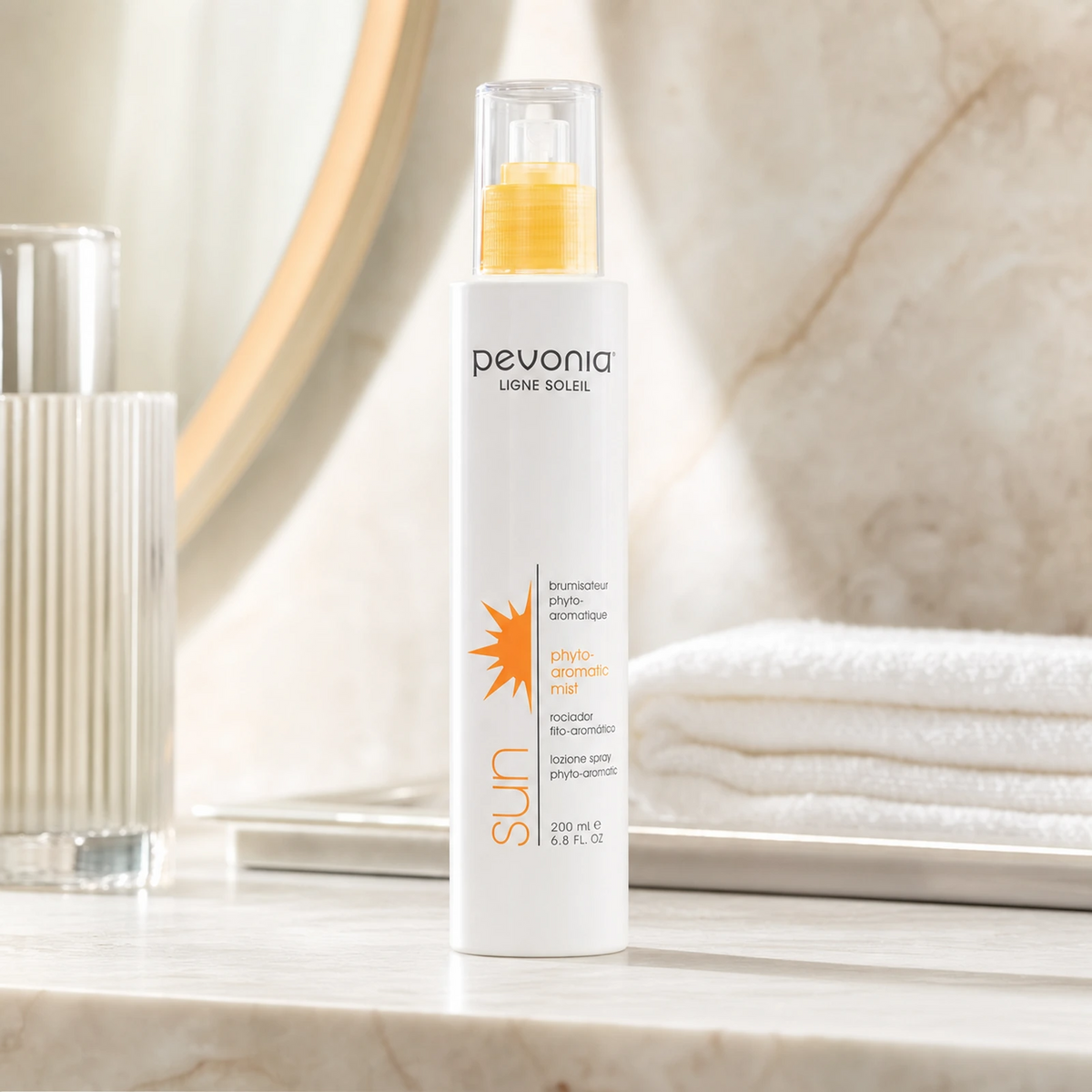 Pevonia Phyto-Aromatic Mist 200ml on a luxury bathroom vanity for hydration, cooling relief and refreshed skin