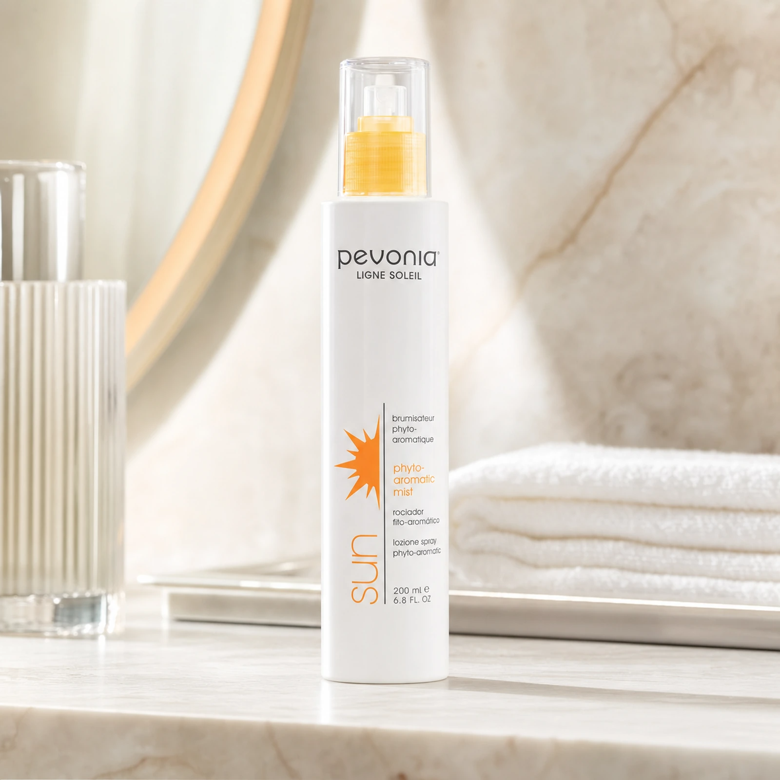 Pevonia Phyto-Aromatic Mist 200ml on a luxury bathroom vanity for hydration, cooling relief and refreshed skin