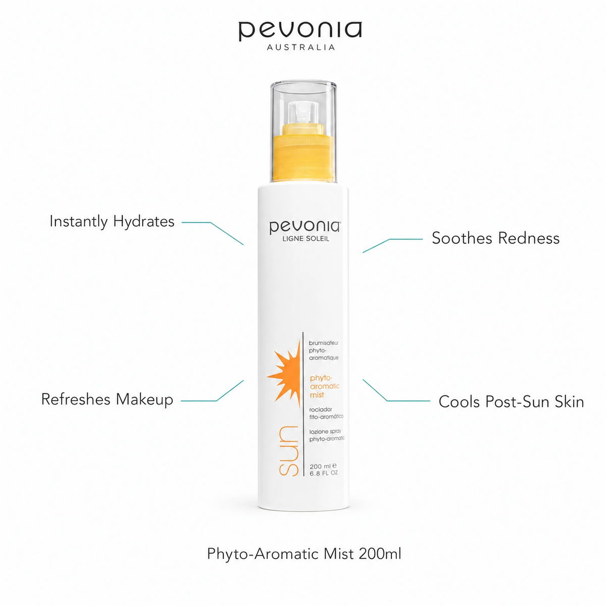 Pevonia Phyto-Aromatic Mist 200ml with benefits for instant hydration, redness comfort, makeup refresh and post-sun cooling