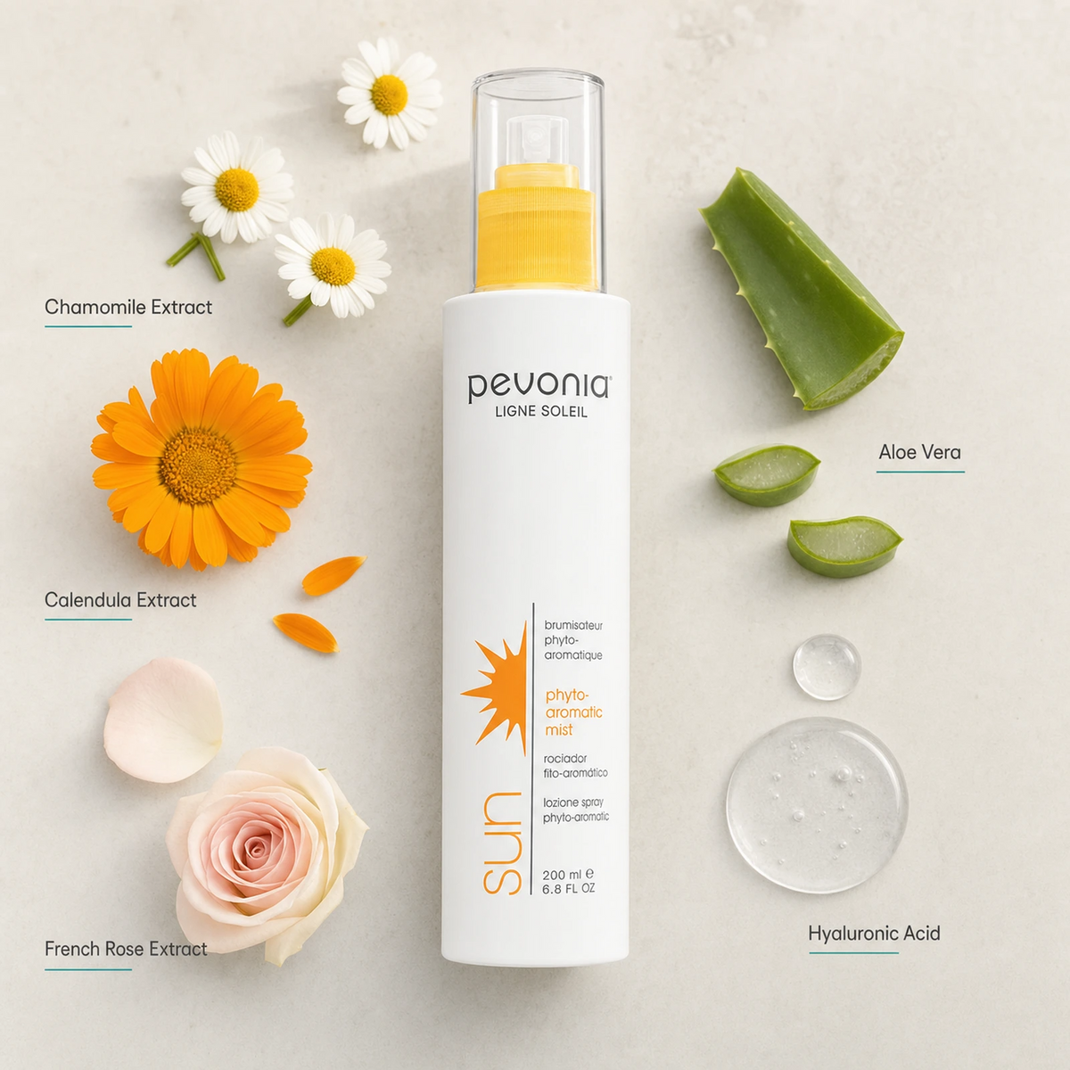 Pevonia Phyto-Aromatic Mist 200ml ingredient flatlay with Chamomile Extract, Calendula Extract, French Rose Extract, Aloe Vera and Hyaluronic Acid
