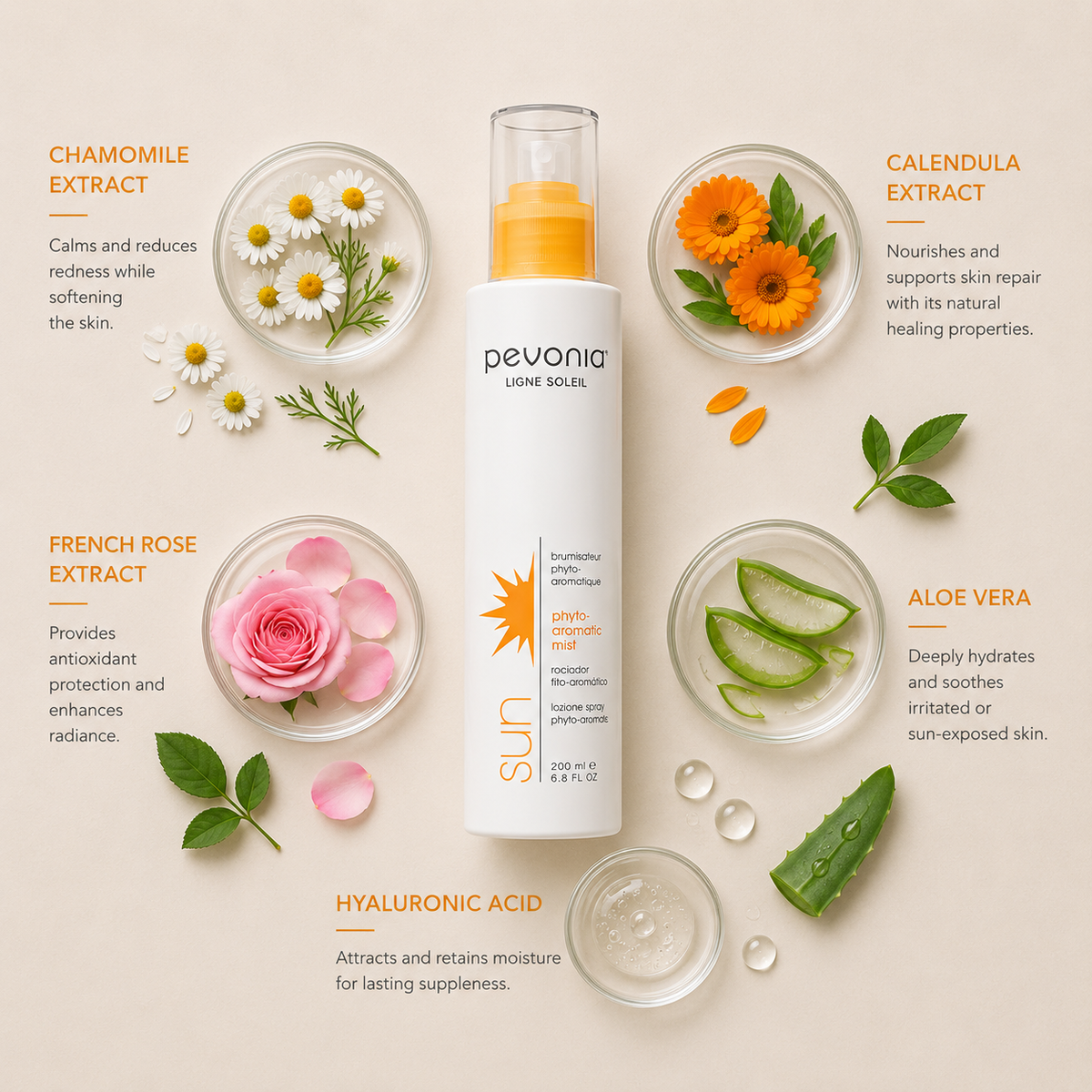 Pevonia Phyto-Aromatic Mist ingredient flatlay featuring chamomile extract, calendula extract, French rose extract, aloe vera and hyaluronic acid arranged around product on a soft neutral background