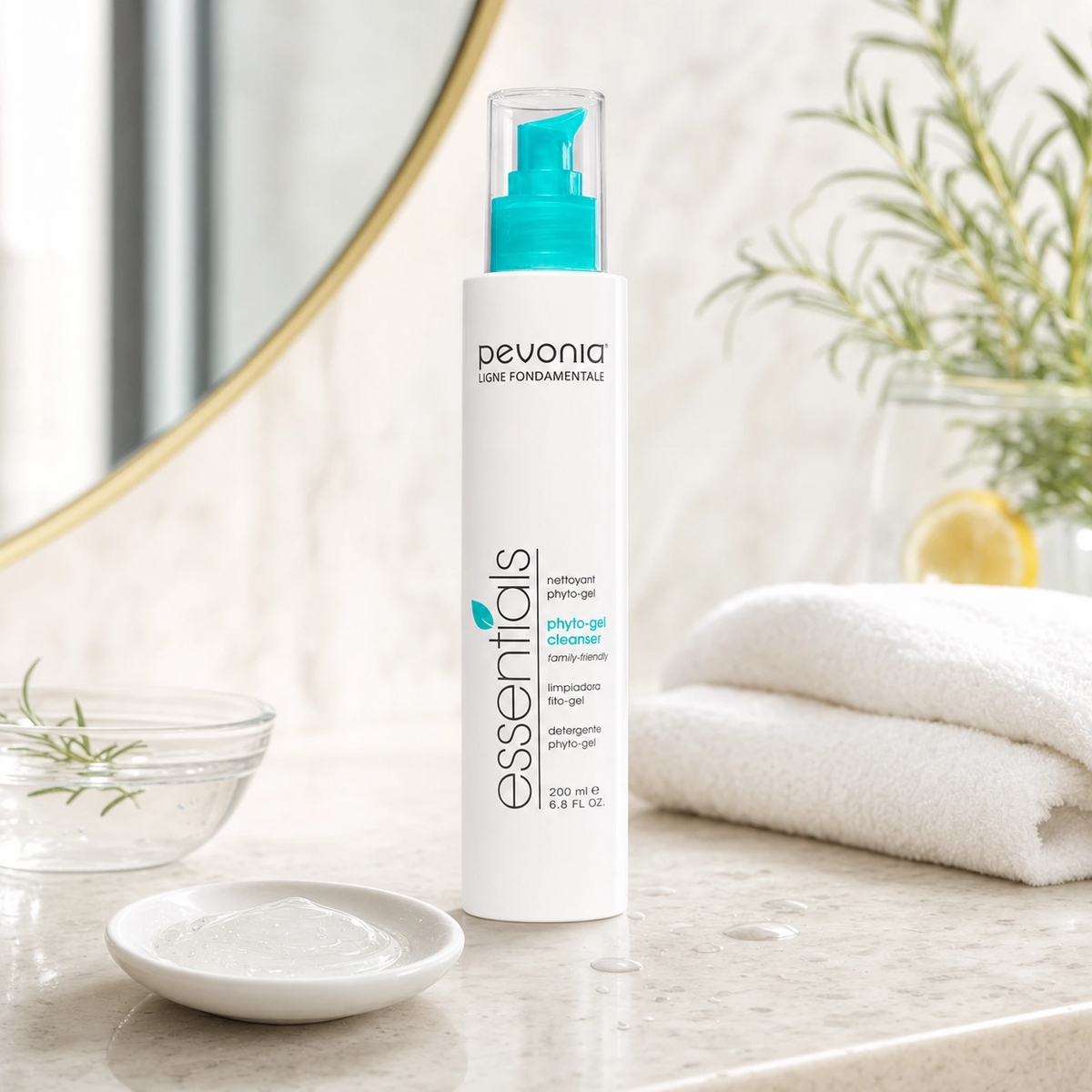 Pevonia Phyto-Gel Cleanser 200ml on a luxury bathroom vanity for oily, combination and congested skin