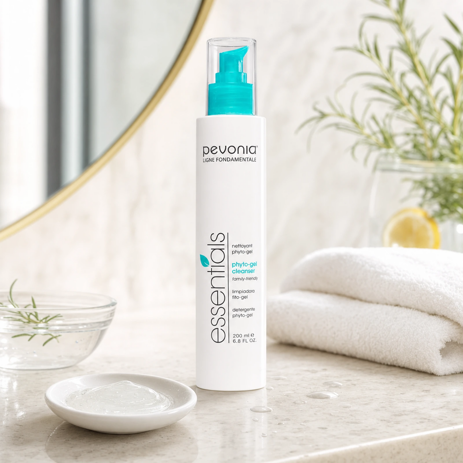 Pevonia Phyto-Gel Cleanser 200ml on a luxury bathroom vanity for oily, combination and congested skin