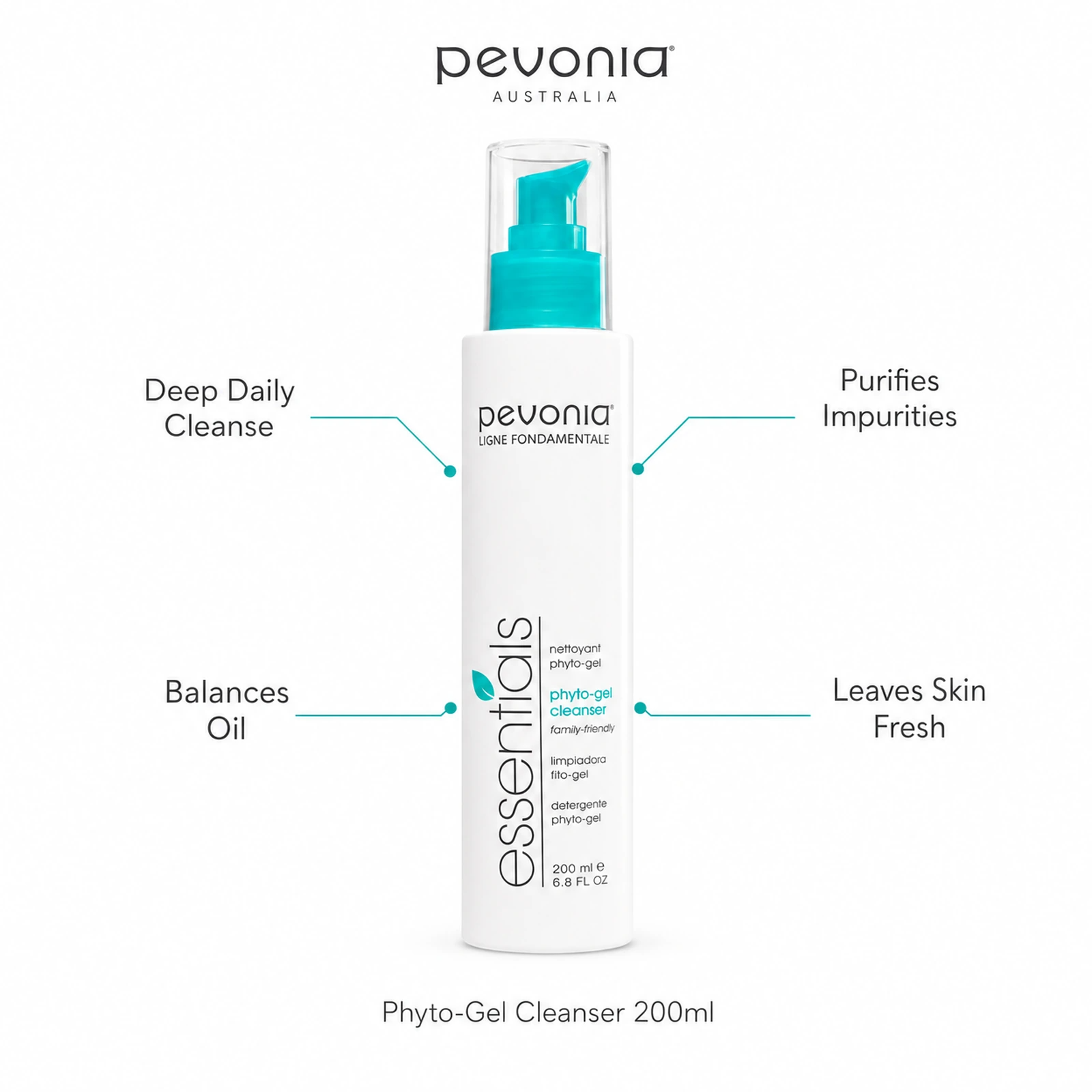 Pevonia Phyto-Gel Cleanser 200ml with benefits for deep cleansing, oil balance, impurity removal and fresh skin
