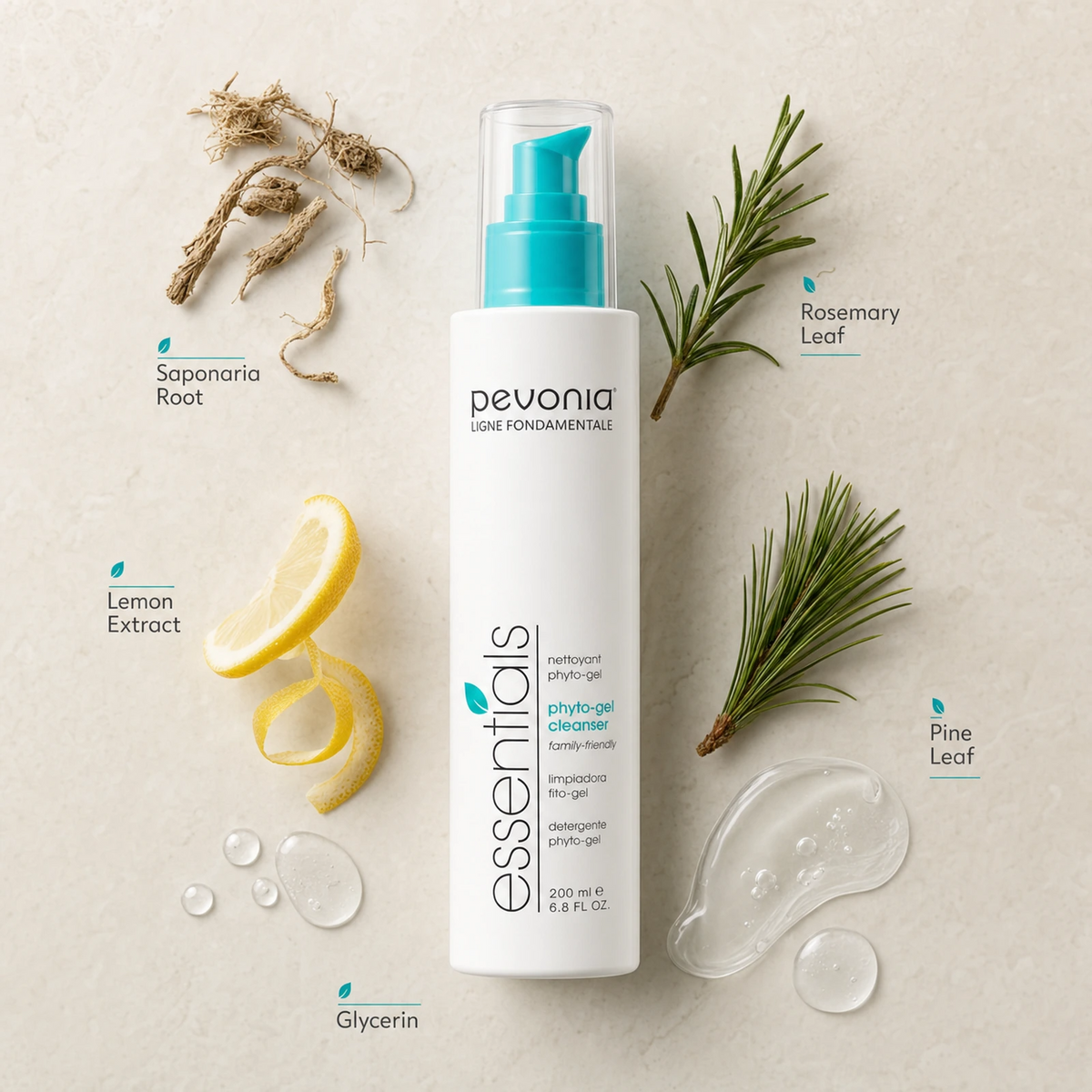 Pevonia Phyto-Gel Cleanser 200ml ingredient flatlay with Saponaria Root, Rosemary Leaf, Lemon Extract, Pine Leaf and Glycerin