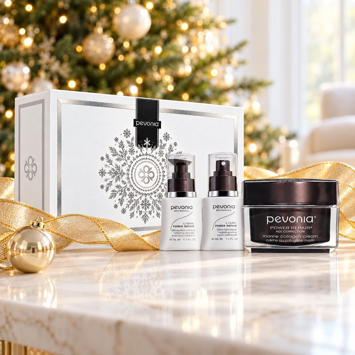 PEVONIA Power Repair Collagen Gift Box displayed beside a Christmas tree. File: pevonia-power-repair-collagen-gift-box-christmas-tree-2026.jpg