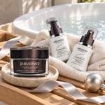 PEVONIA Power Repair Elastin Gift Box in a styled product arrangement. File: pevonia-power-repair-elastin-gift-box-products-creative-2026.png