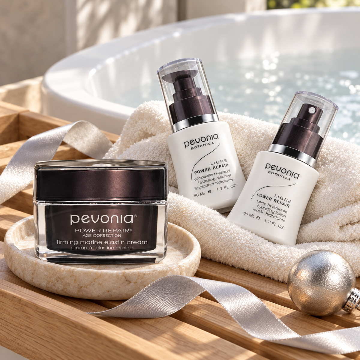PEVONIA Power Repair Elastin Gift Box in a styled product arrangement. File: pevonia-power-repair-elastin-gift-box-products-creative-2026.png
