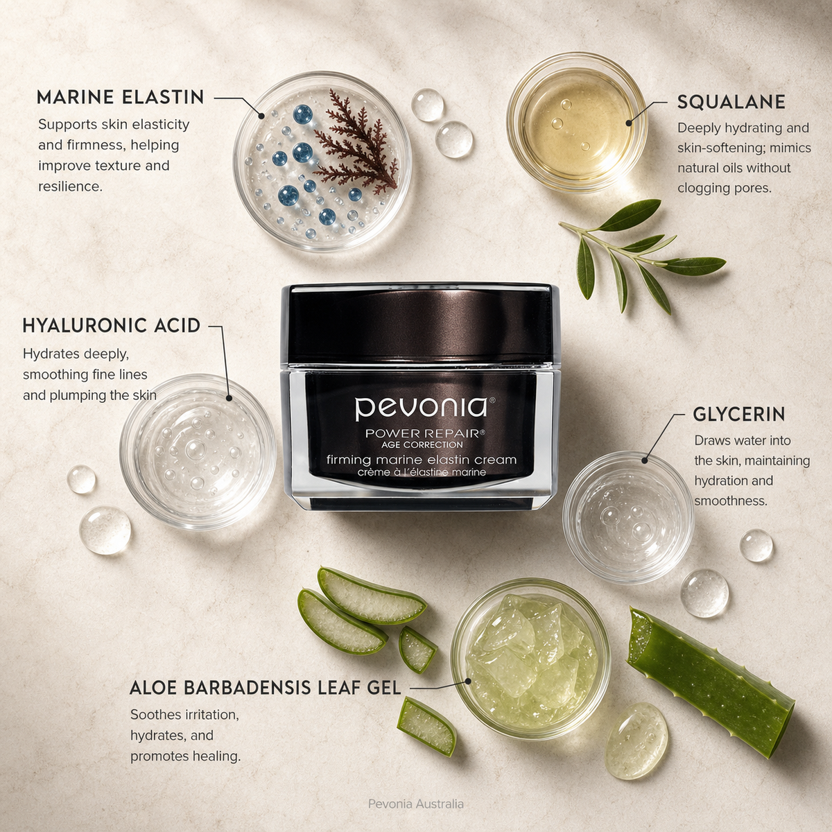 Pevonia Power Repair Firming Marine Elastin Cream ingredient flatlay with marine elastin, squalane, hyaluronic acid, glycerin and aloe barbadensis leaf gel on a beige background with Pevonia Australia watermark