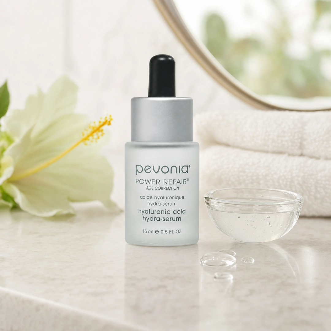 Pevonia Power Repair Hyaluronic Acid Hydra-Serum 15ml on a luxury bathroom vanity for dehydrated, dry and mature skin