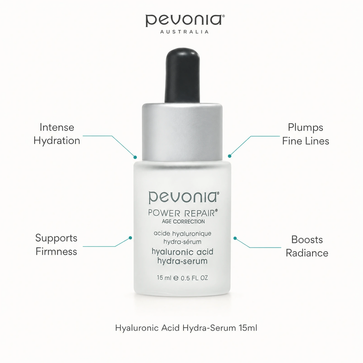 Pevonia Power Repair Hyaluronic Acid Hydra-Serum 15ml with benefits for hydration, fine lines, firmness and radiance