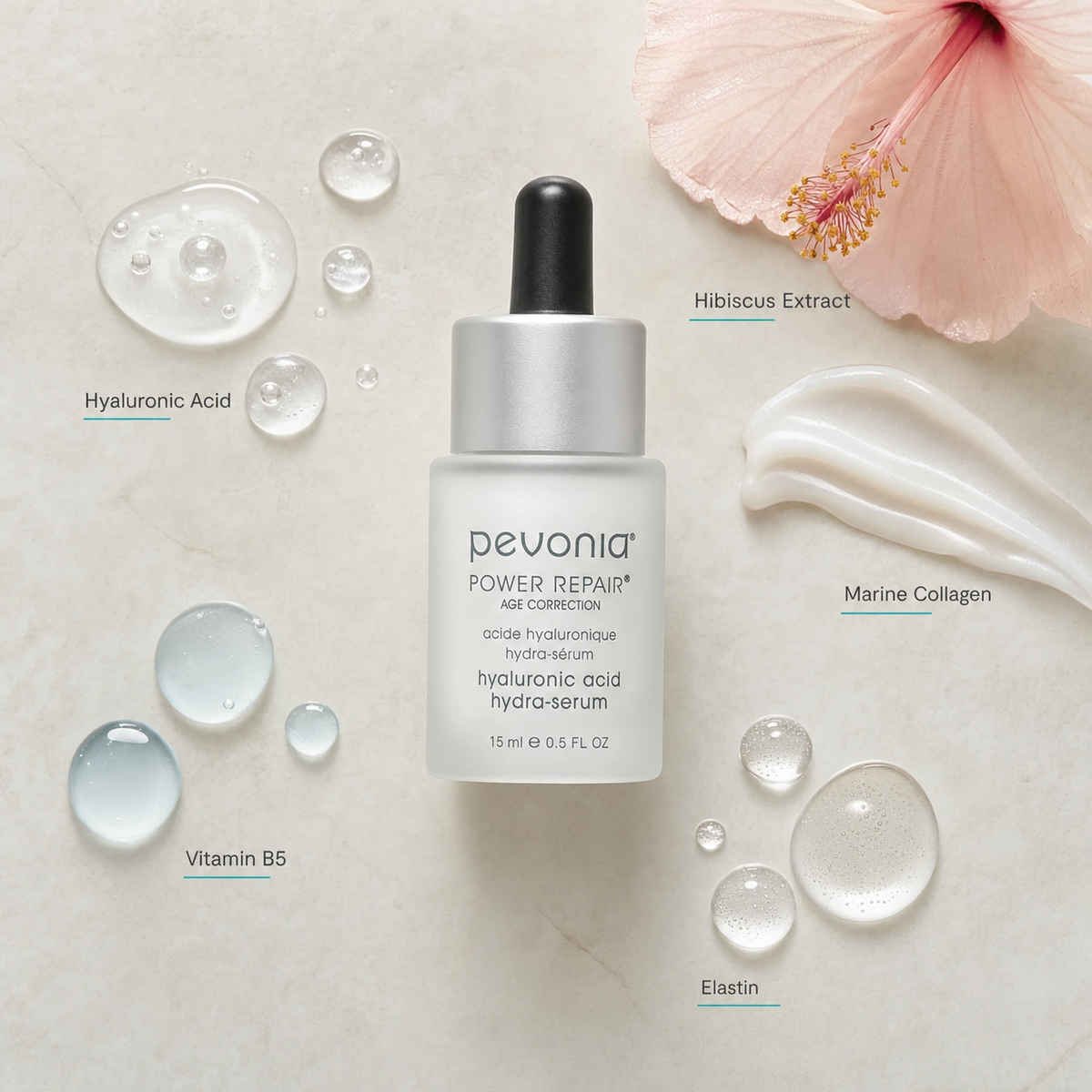 Pevonia Power Repair Hyaluronic Acid Hydra-Serum 15ml ingredient flatlay with Hyaluronic Acid, Hibiscus Extract, Marine Collagen, Vitamin B5 and Elastin