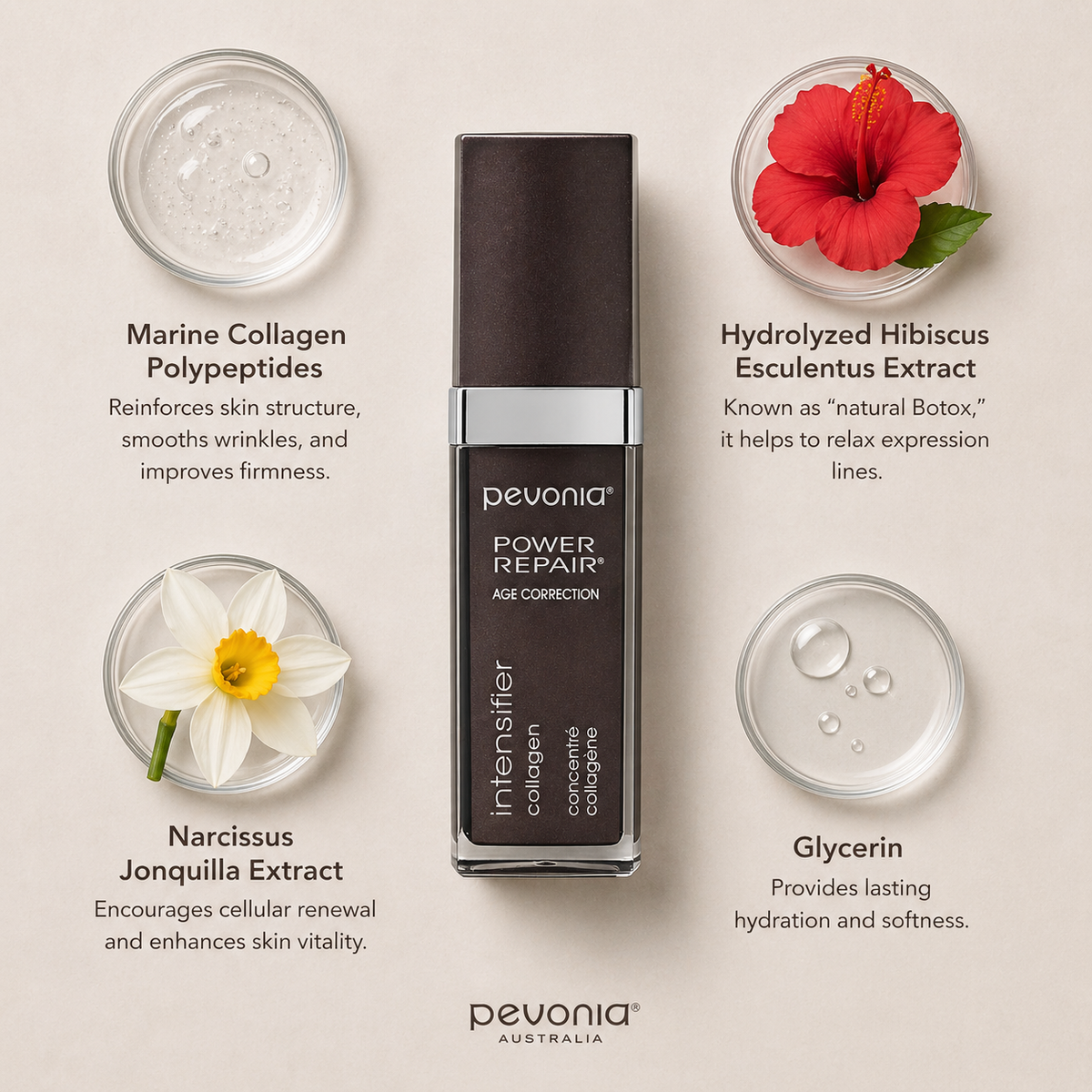 Pevonia Power Repair Intensifier Collagen ingredient flatlay showing marine collagen polypeptides, hibiscus extract, narcissus extract, and glycerin around dark glass bottle on neutral background
