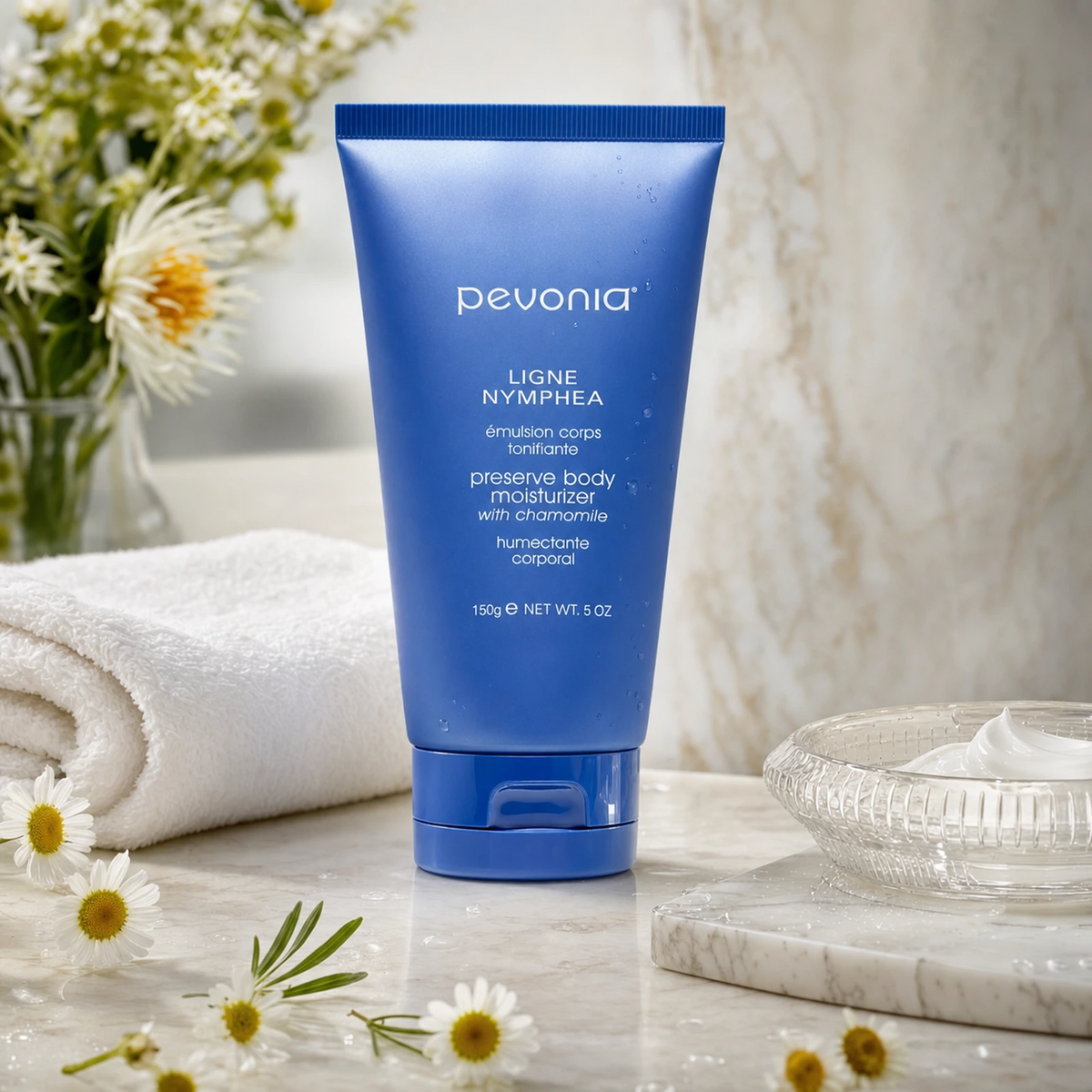 Pevonia Preserve Body Moisturiser 150ml on a luxury bathroom vanity for dry, dull and sensitive body skin