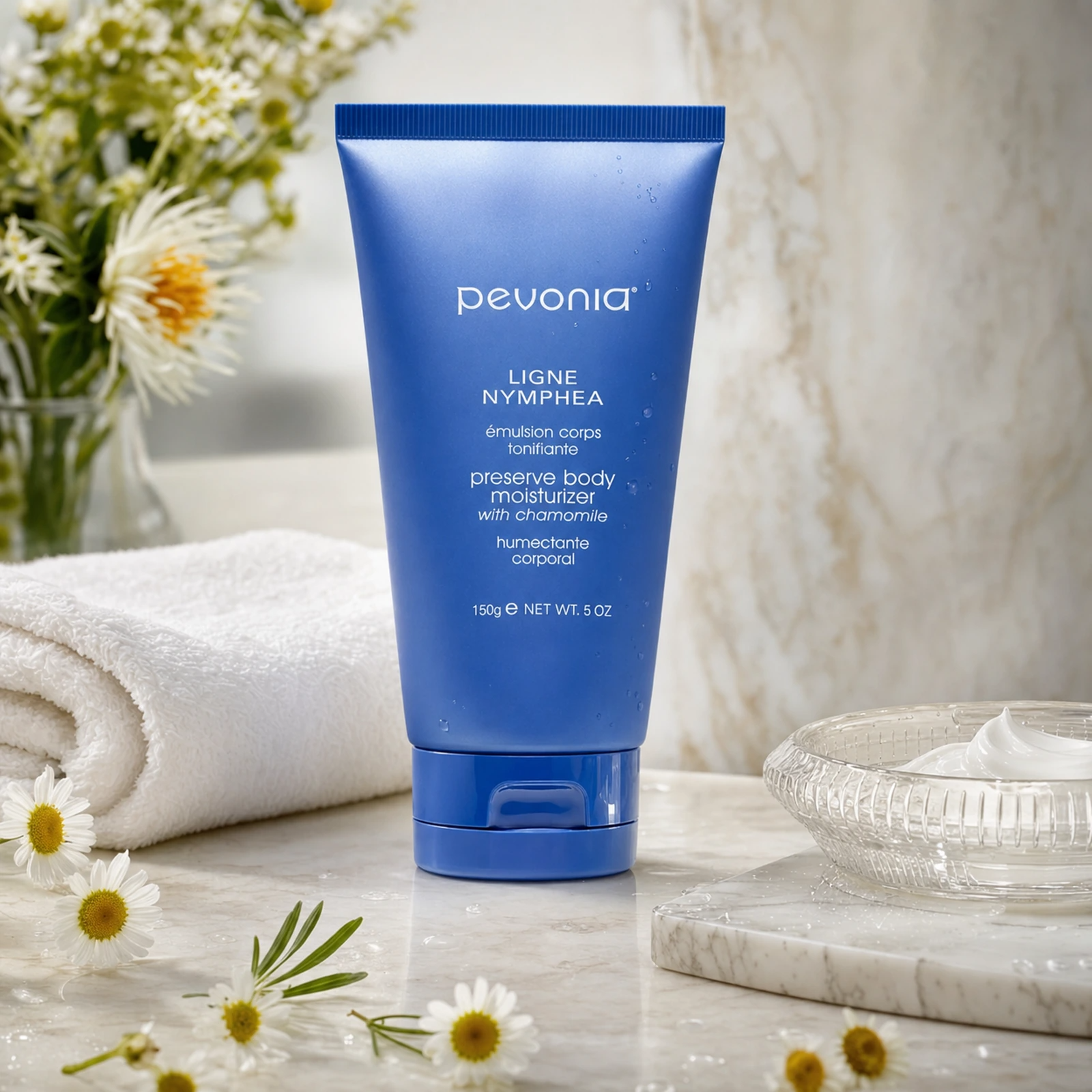 Pevonia Preserve Body Moisturiser 150ml on a luxury bathroom vanity for dry, dull and sensitive body skin
