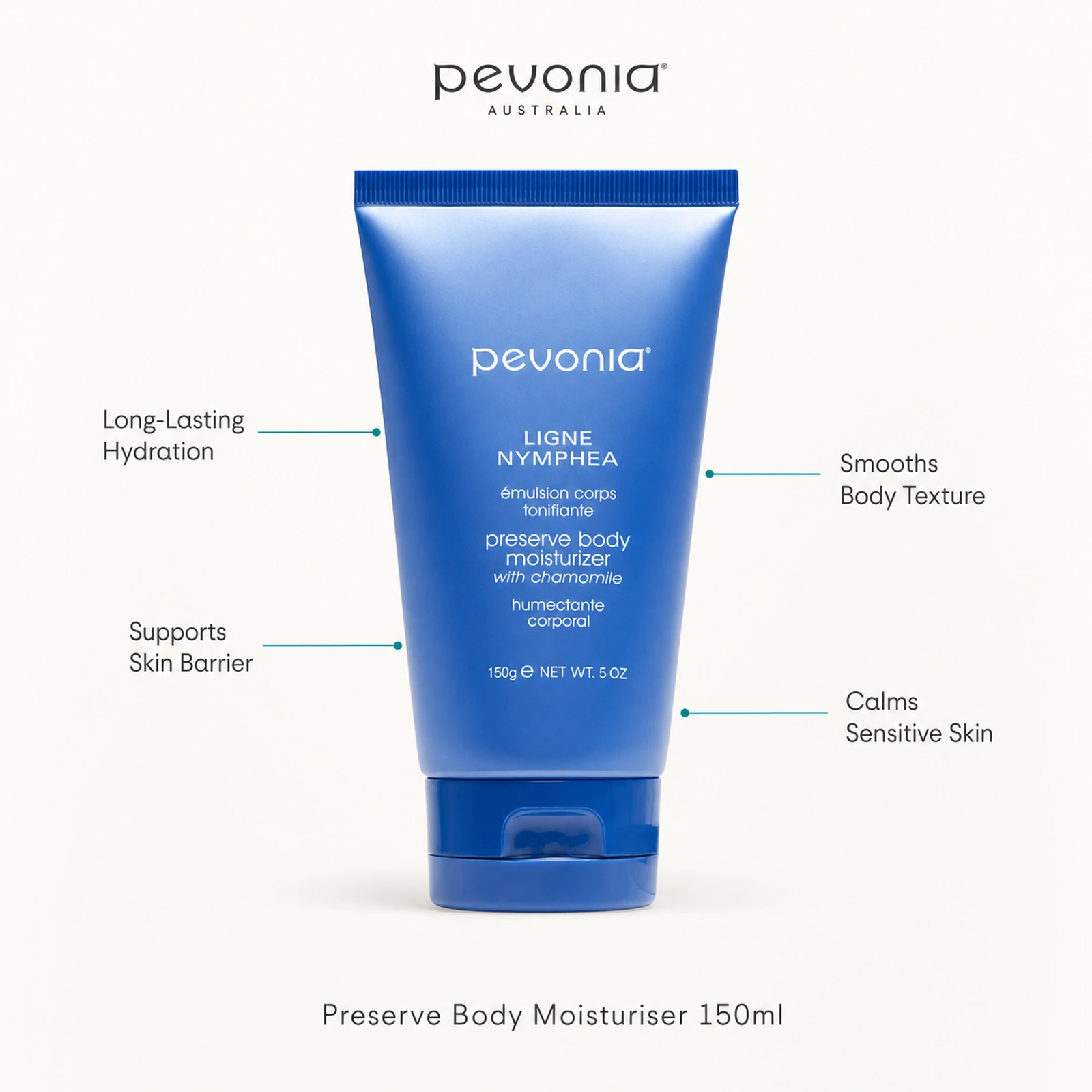 Pevonia Preserve Body Moisturiser 150ml with benefits for hydration, skin barrier support, smooth texture and sensitive skin comfort