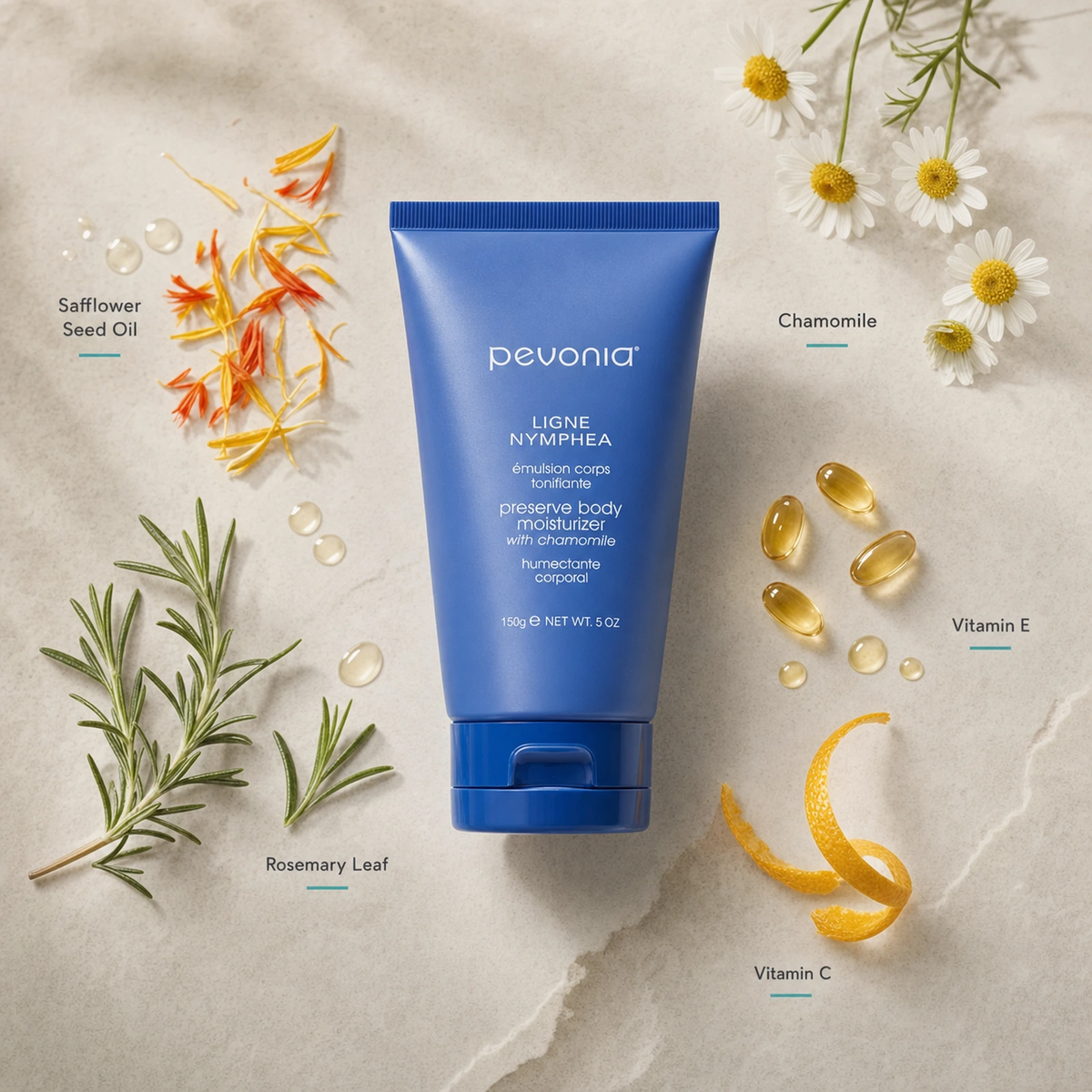 Pevonia Preserve Body Moisturiser 150ml ingredient flatlay with Safflower Seed Oil, Chamomile, Rosemary Leaf, Vitamin E and Vitamin C
