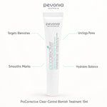 Pevonia ProCorrective Clear-Control Blemish Treatment 15ml with benefits for targeted blemish care, unclogged pores, smoother marks and balanced hydration