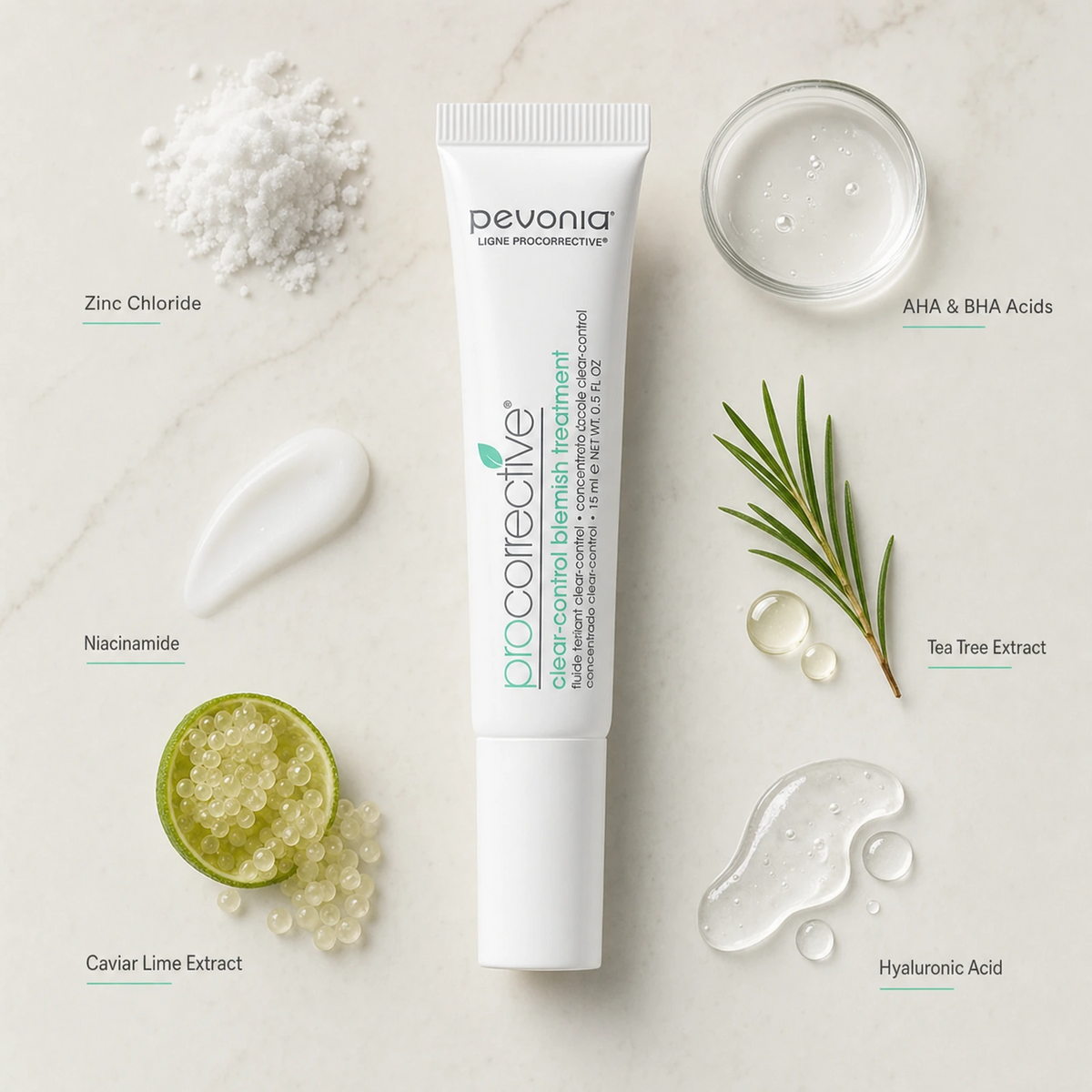 Pevonia ProCorrective Clear-Control Blemish Treatment 15ml ingredient flatlay with Zinc Chloride, AHA and BHA Acids, Niacinamide, Tea Tree Extract, Caviar Lime Extract and Hyaluronic Acid