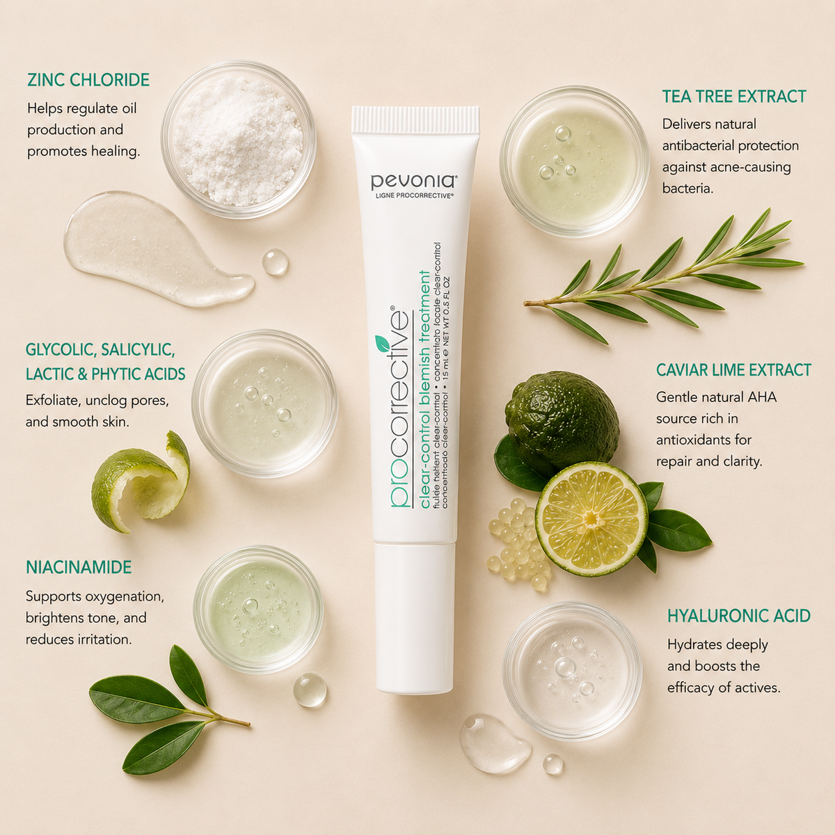 Pevonia ProCorrective Clear-Control Blemish Treatment ingredient flatlay featuring zinc chloride, glycolic acid, salicylic acid, lactic acid, phytic acid, niacinamide, tea tree extract, caviar lime extract and hyaluronic acid arranged around product on a soft neutral background