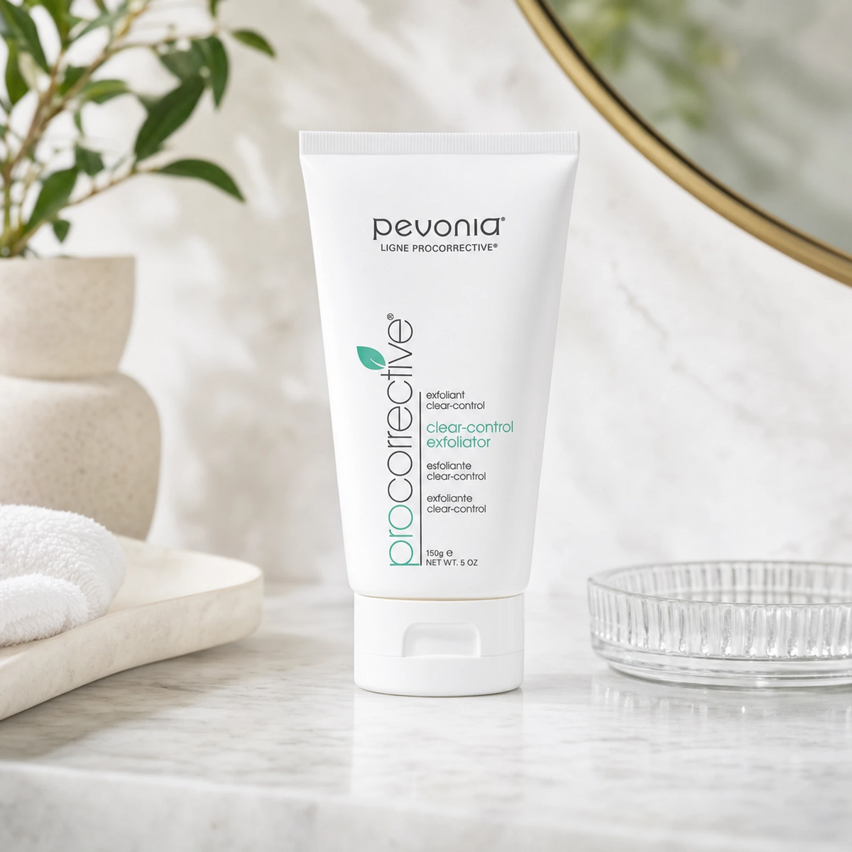 Pevonia ProCorrective Clear-Control Exfoliator 150ml on a luxury bathroom vanity for acne-prone, oily and congested skin
