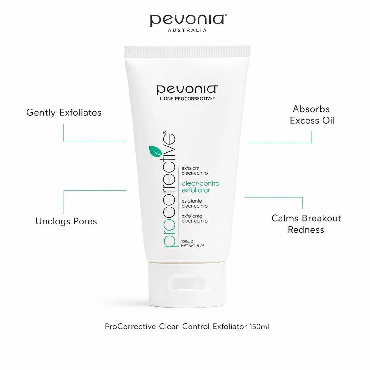 Pevonia ProCorrective Clear-Control Exfoliator 150ml with benefits for gentle exfoliation, unclogged pores, oil absorption and breakout redness comfort