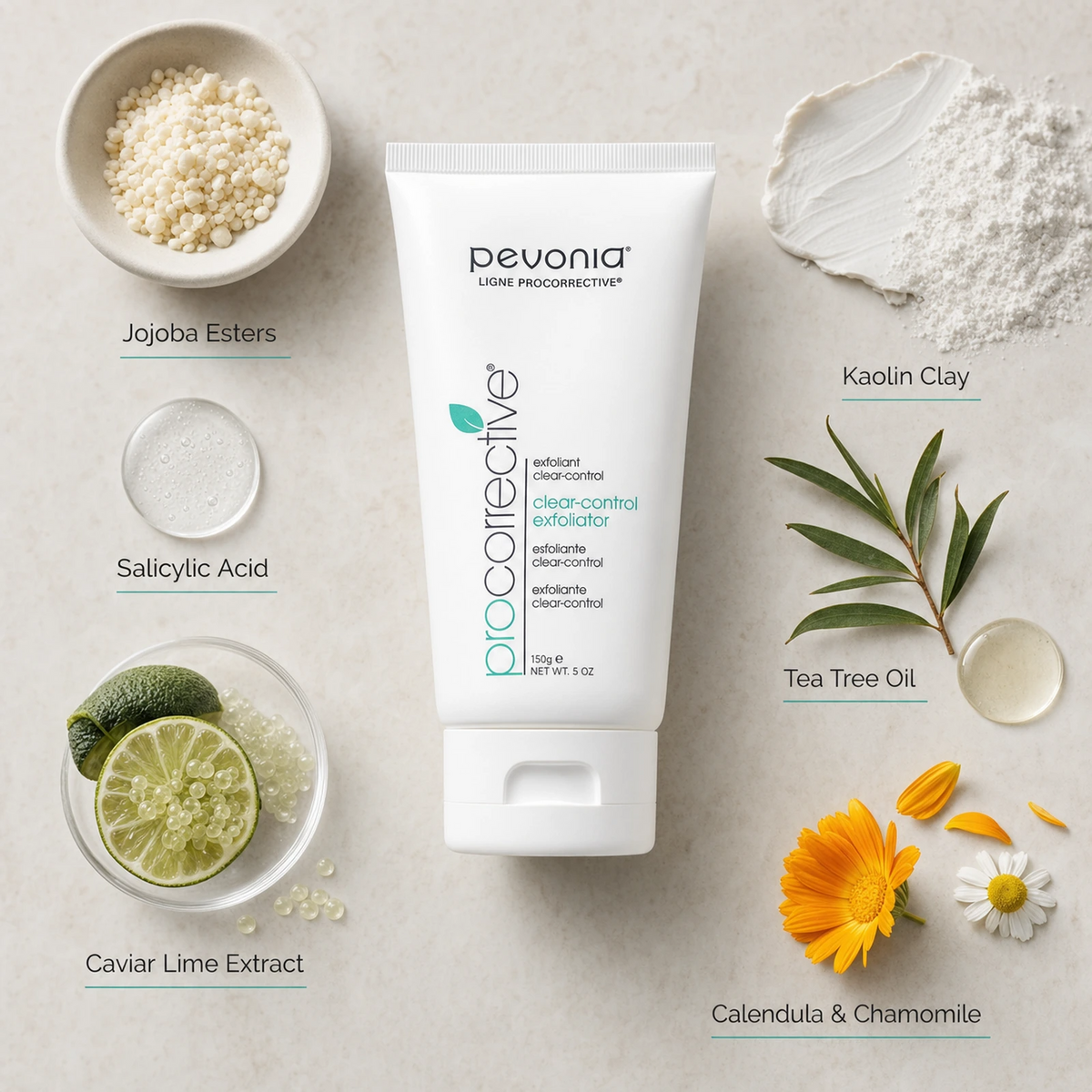 Pevonia ProCorrective Clear-Control Exfoliator 150ml ingredient flatlay with Jojoba Esters, Salicylic Acid, Caviar Lime Extract, Kaolin Clay, Tea Tree Oil, Calendula and Chamomile