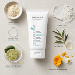 Pevonia ProCorrective Clear-Control Exfoliator 150ml ingredient flatlay with Jojoba Esters, Salicylic Acid, Caviar Lime Extract, Kaolin Clay, Tea Tree Oil, Calendula and Chamomile