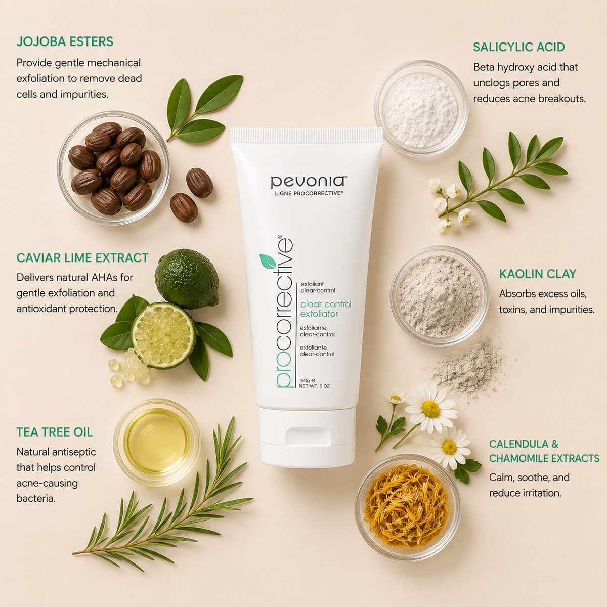 Pevonia ProCorrective Clear-Control Exfoliator ingredient flatlay featuring jojoba esters, salicylic acid, caviar lime extract, kaolin clay, tea tree oil and calendula with chamomile extracts arranged around product on a soft neutral background