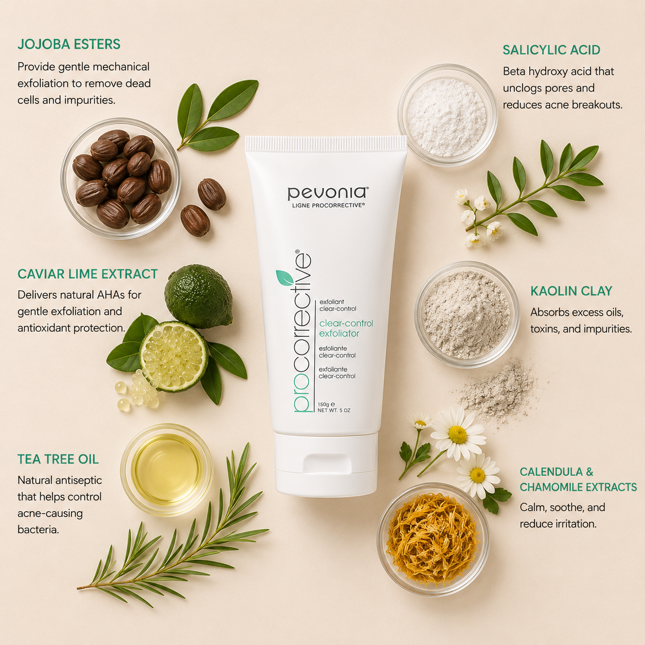 Pevonia ProCorrective Clear-Control Exfoliator ingredient flatlay featuring jojoba esters, salicylic acid, caviar lime extract, kaolin clay, tea tree oil and calendula with chamomile extracts arranged around product on a soft neutral background