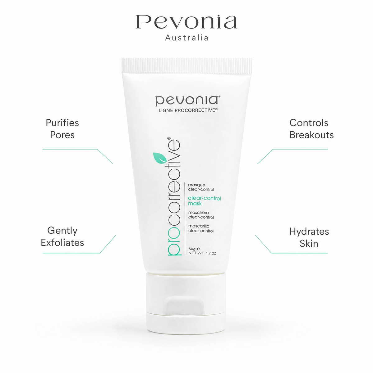Pevonia ProCorrective Clear-Control Mask 50ml benefit callout image highlighting pore purification, breakout control, gentle exfoliation, and skin hydration.