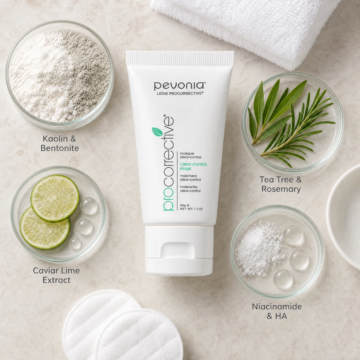 Pevonia ProCorrective Clear-Control Mask 50ml ingredient flatlay with kaolin and bentonite clays, tea tree and rosemary, caviar lime extract, and niacinamide with hyaluronic acid.