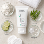 Pevonia ProCorrective Clear-Control Mask 50ml ingredient flatlay with kaolin and bentonite clays, tea tree and rosemary, caviar lime extract, and niacinamide with hyaluronic acid.