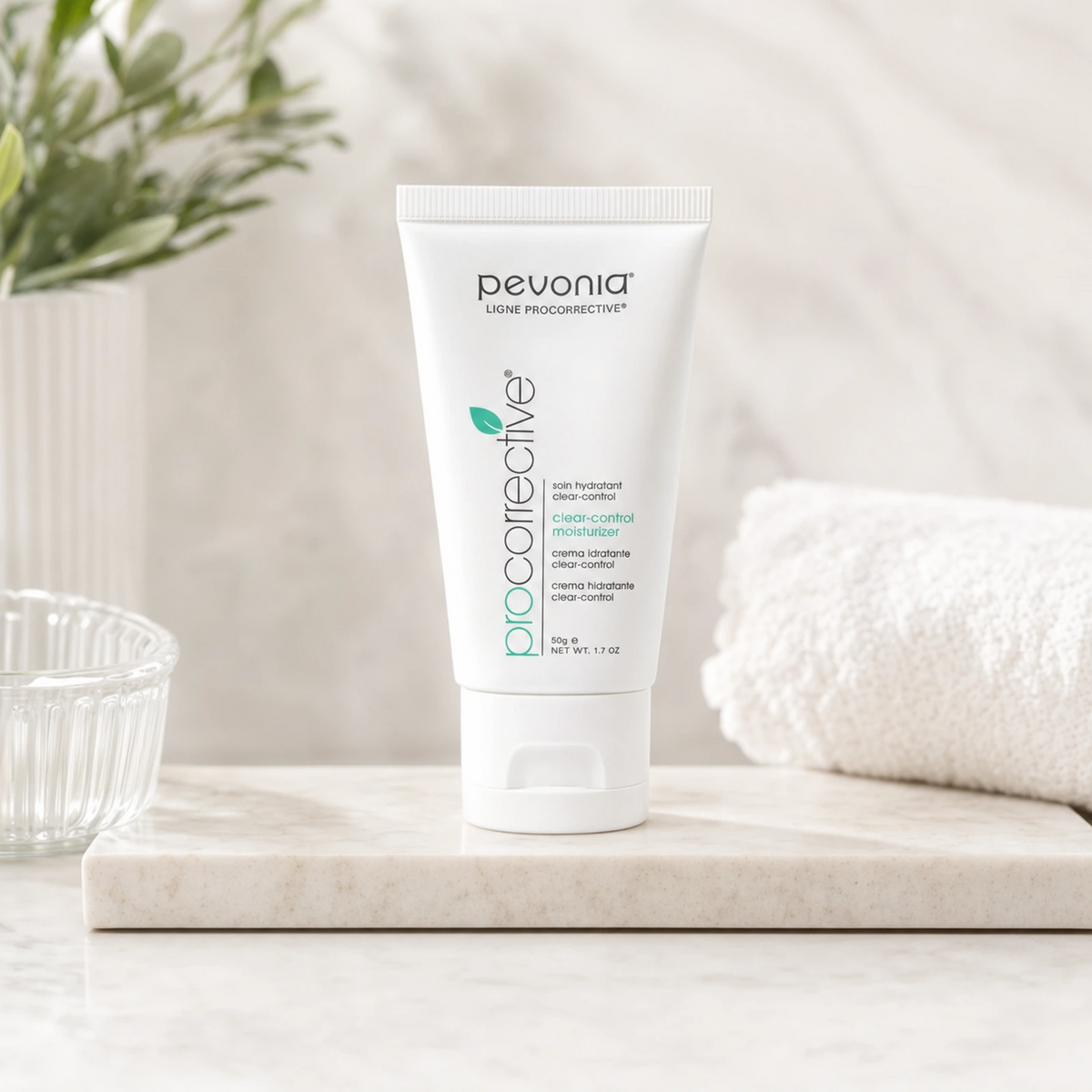 Pevonia ProCorrective Clear-Control Moisturiser 50ml on a luxury bathroom vanity for acne-prone, oily and congested skin