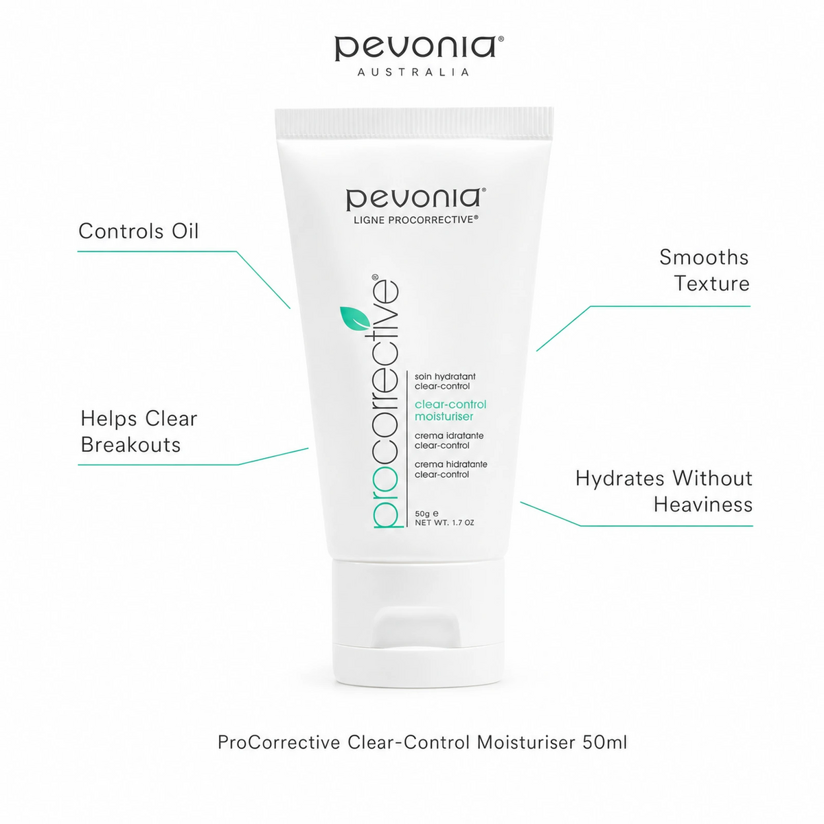 Pevonia ProCorrective Clear-Control Moisturiser 50ml with benefits for oil control, clear breakouts, smoother texture and lightweight hydration
