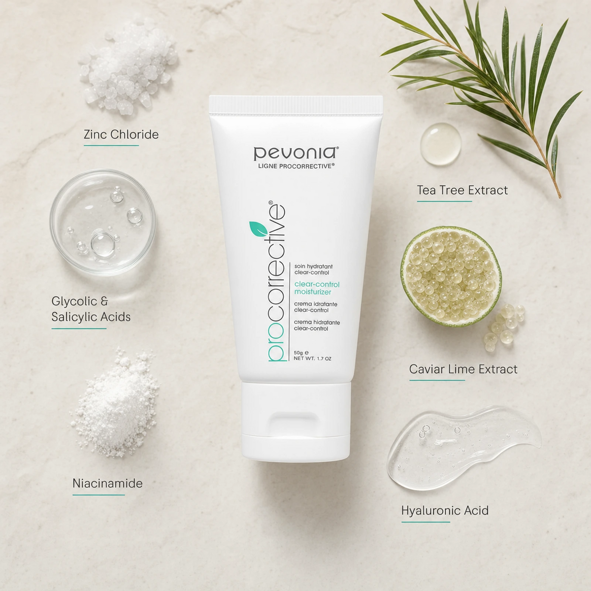 Pevonia ProCorrective Clear-Control Moisturiser 50ml ingredient flatlay with Zinc Chloride, Glycolic and Salicylic Acids, Niacinamide, Tea Tree Extract, Caviar Lime Extract and Hyaluronic Acid
