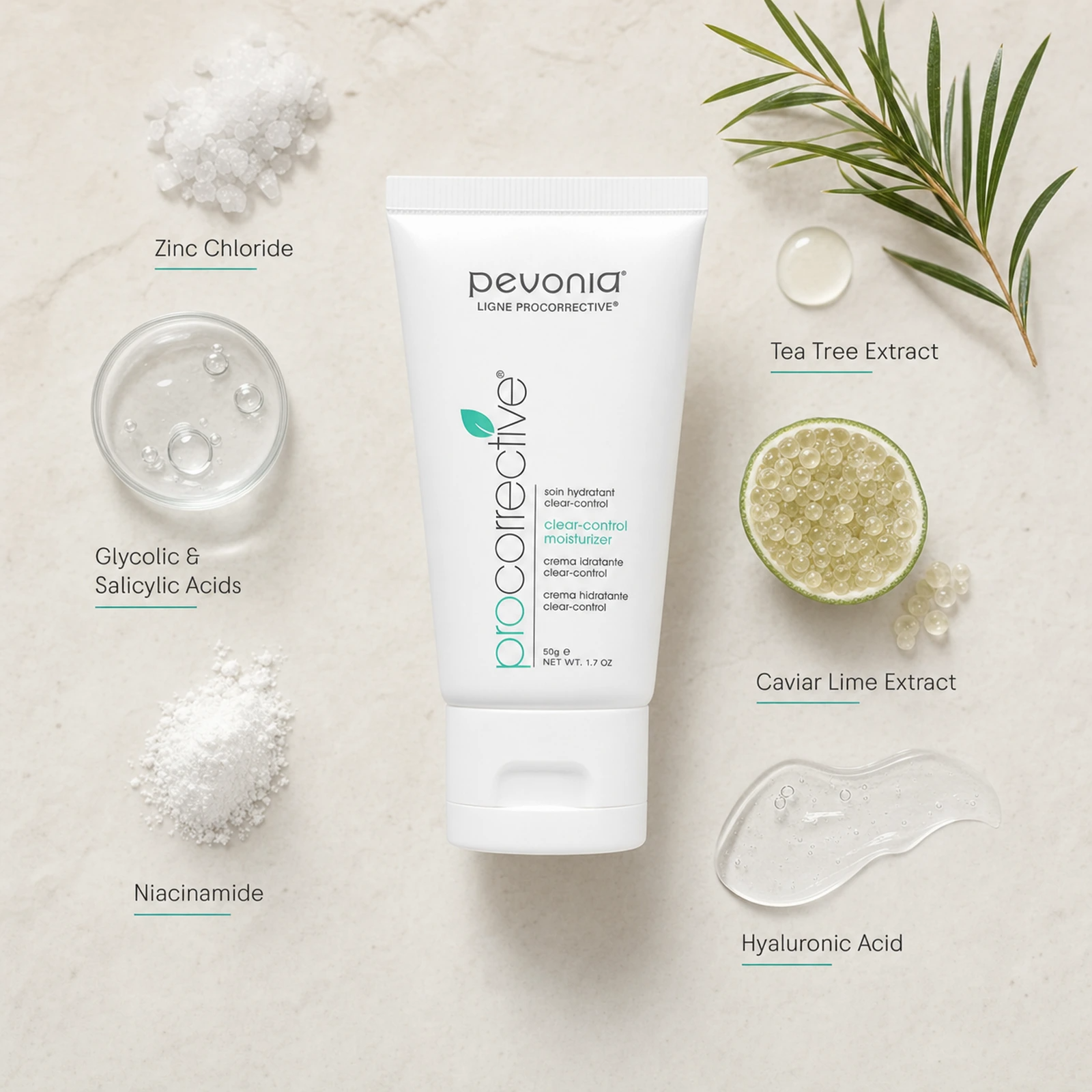 Pevonia ProCorrective Clear-Control Moisturiser 50ml ingredient flatlay with Zinc Chloride, Glycolic and Salicylic Acids, Niacinamide, Tea Tree Extract, Caviar Lime Extract and Hyaluronic Acid
