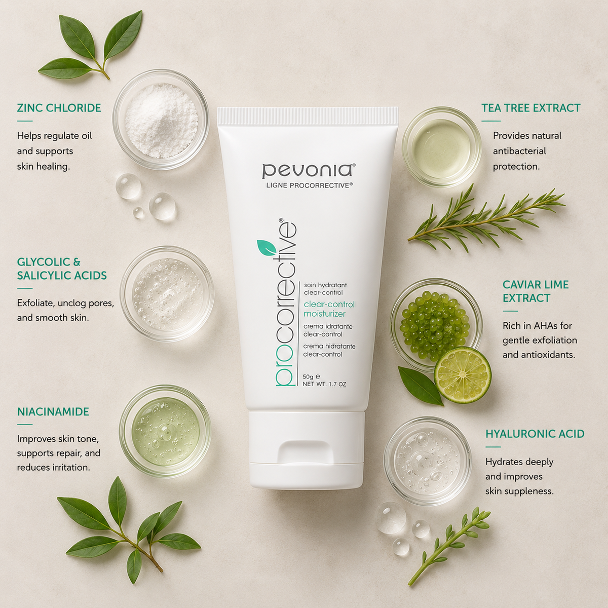 Pevonia ProCorrective Clear-Control 50g Moisturizer ingredient flatlay featuring zinc chloride, glycolic acid, salicylic acid, niacinamide, tea tree extract, caviar lime extract and hyaluronic acid arranged around product on a soft neutral background
