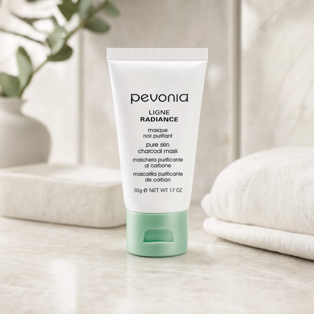Pevonia Pure Skin Charcoal Mask 50ml on a luxury bathroom vanity for purified pores, balanced shine and brighter skin