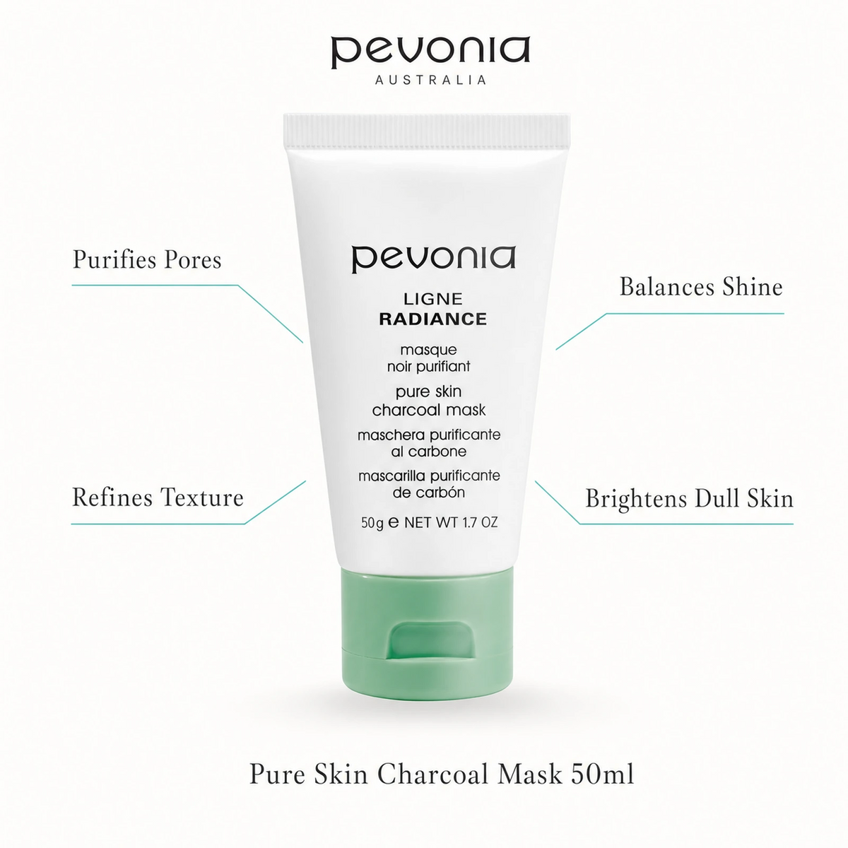 Pevonia Pure Skin Charcoal Mask 50ml with benefits for purified pores, refined texture, balanced shine and brighter dull skin