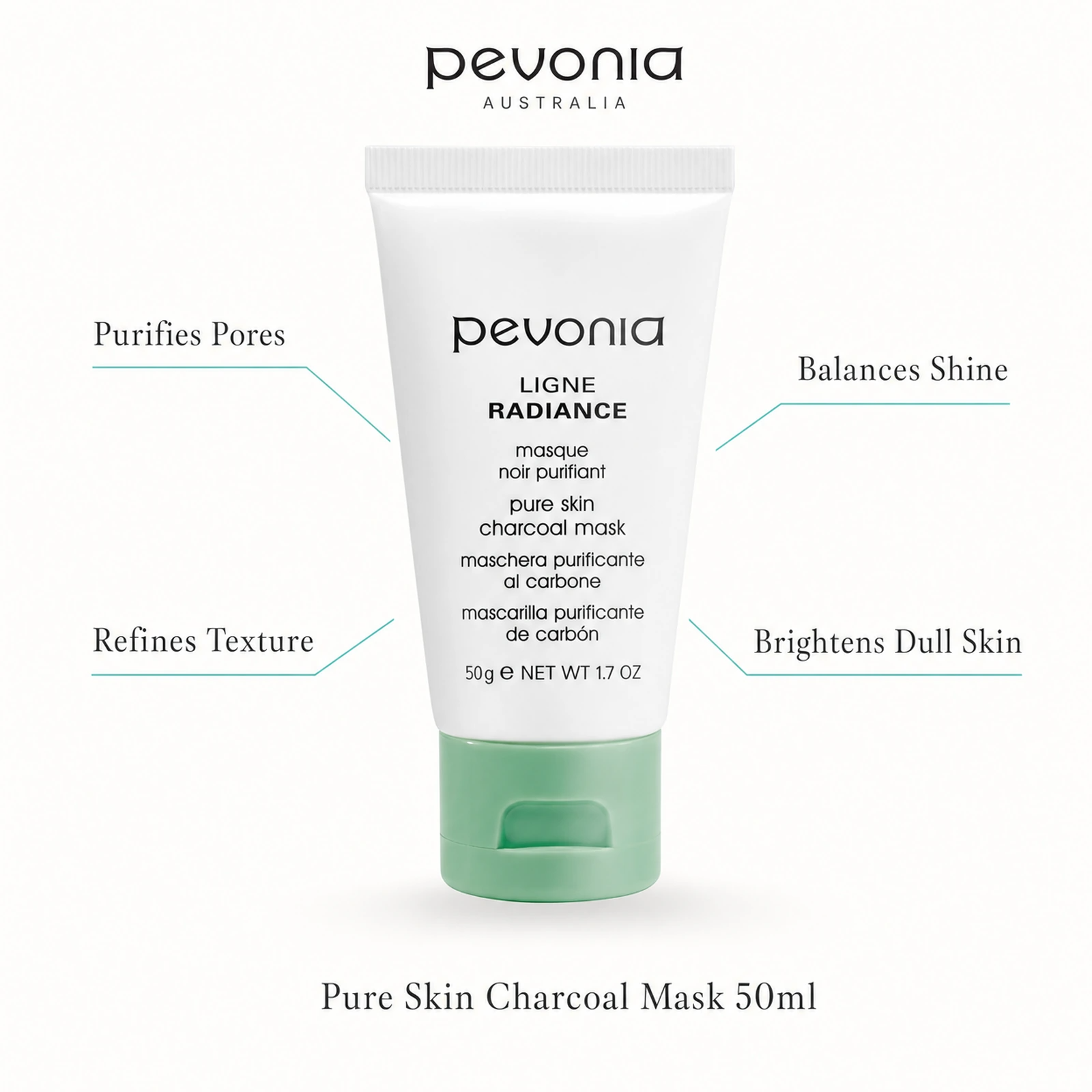 Pevonia Pure Skin Charcoal Mask 50ml with benefits for purified pores, refined texture, balanced shine and brighter dull skin